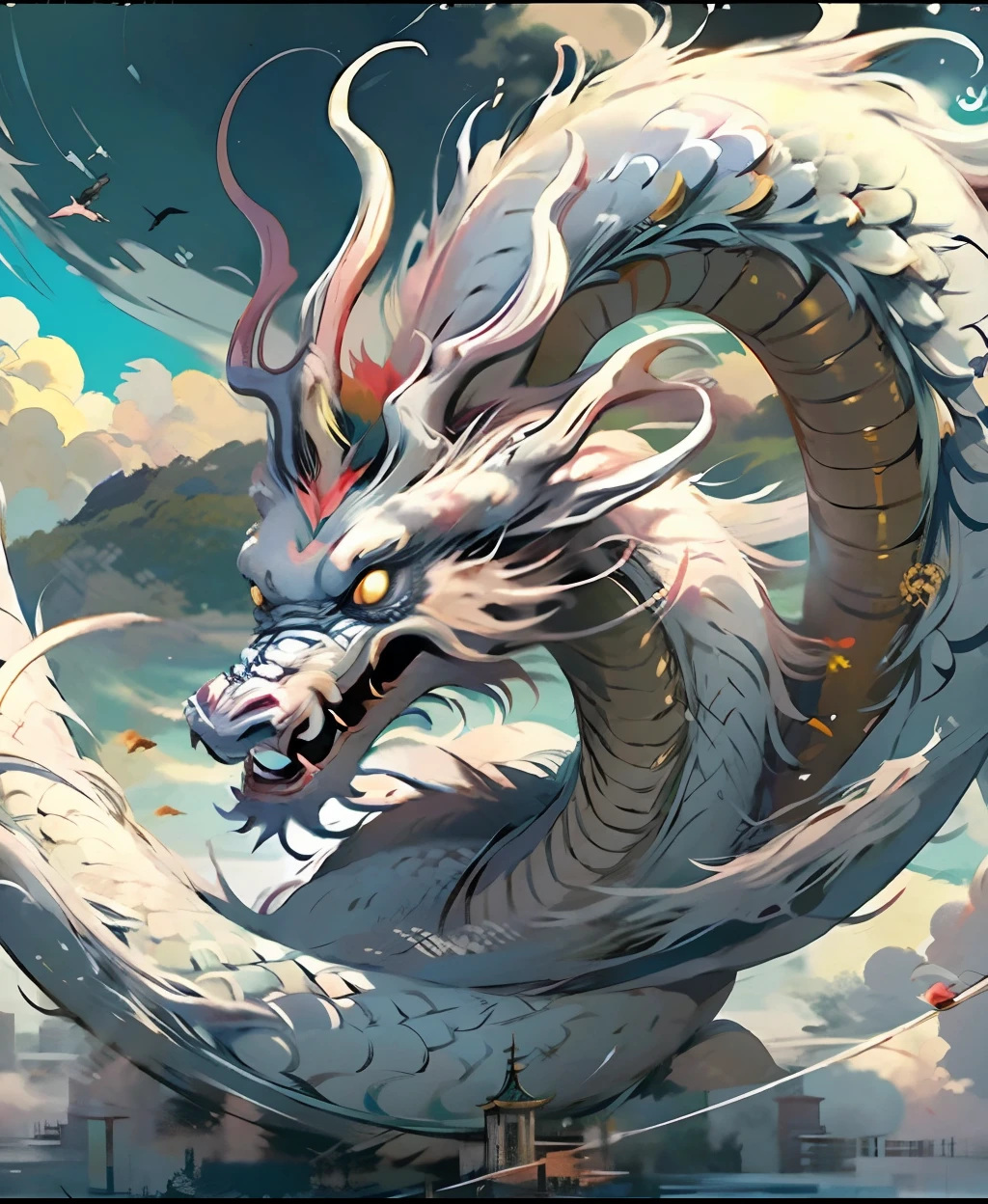Melhor qualidade, obra-prima, ultra alta res, nu sem humanos, (longo: 1.2), sem humanos, nuvem, arquitetura, East Asian architecture, olhos vermelhos, boca aberta, heaven, presas, Eastern White Dragon, clouded skies, dentes, voando, raios,olhos azuis