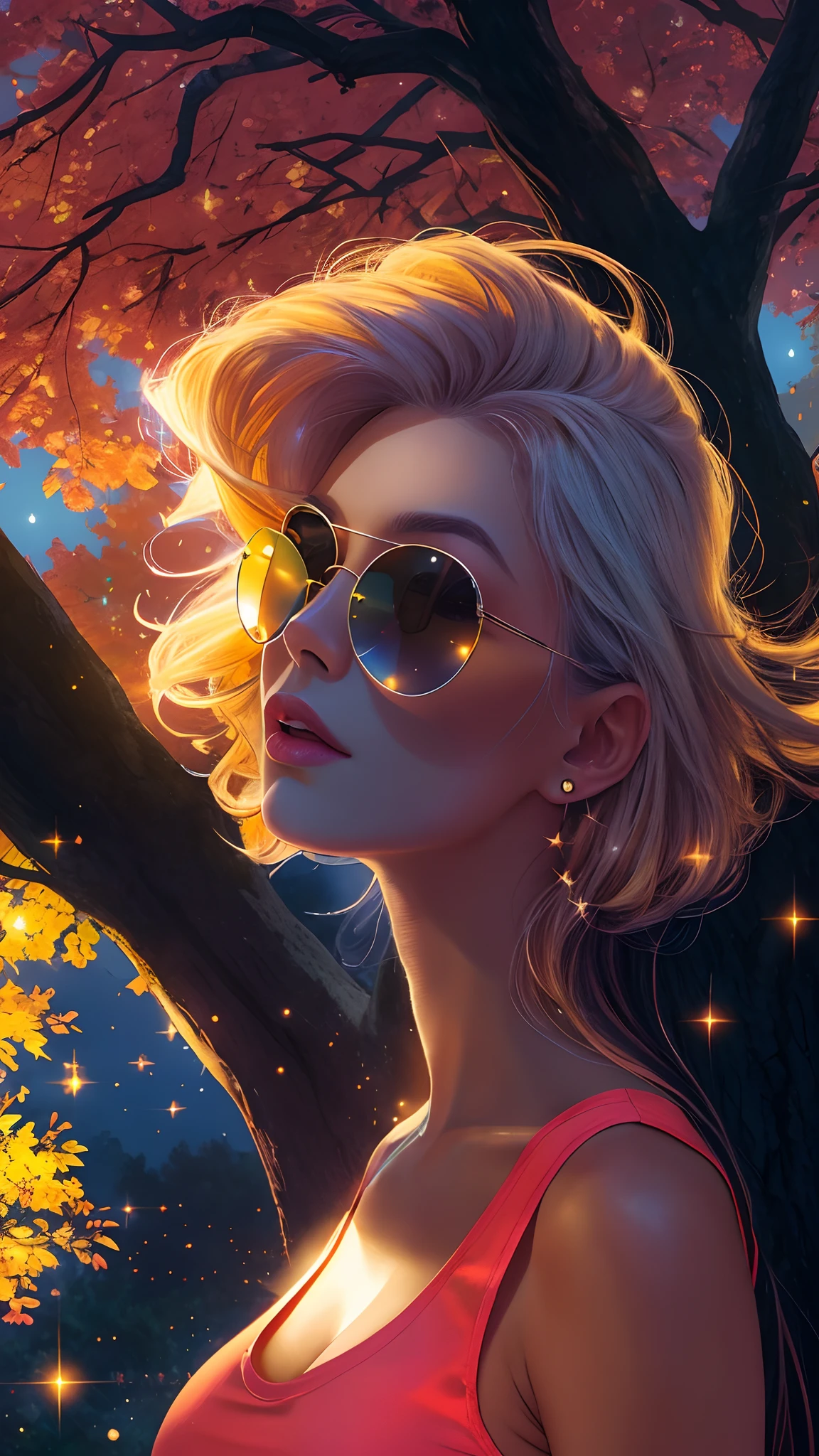 cleavage, a beautiful woman, from_above, close-up, crop top, detailed face, yellow bodycon tank top, hair, park, sky, trees, pale skin, moonlight, stars, 1girl, statement sunglasses, big breasts ,petite, vivid colors, bokeh background, subject for emphasis,dramatic colors , hyperealistic, masterpiece, best quality, nsfw