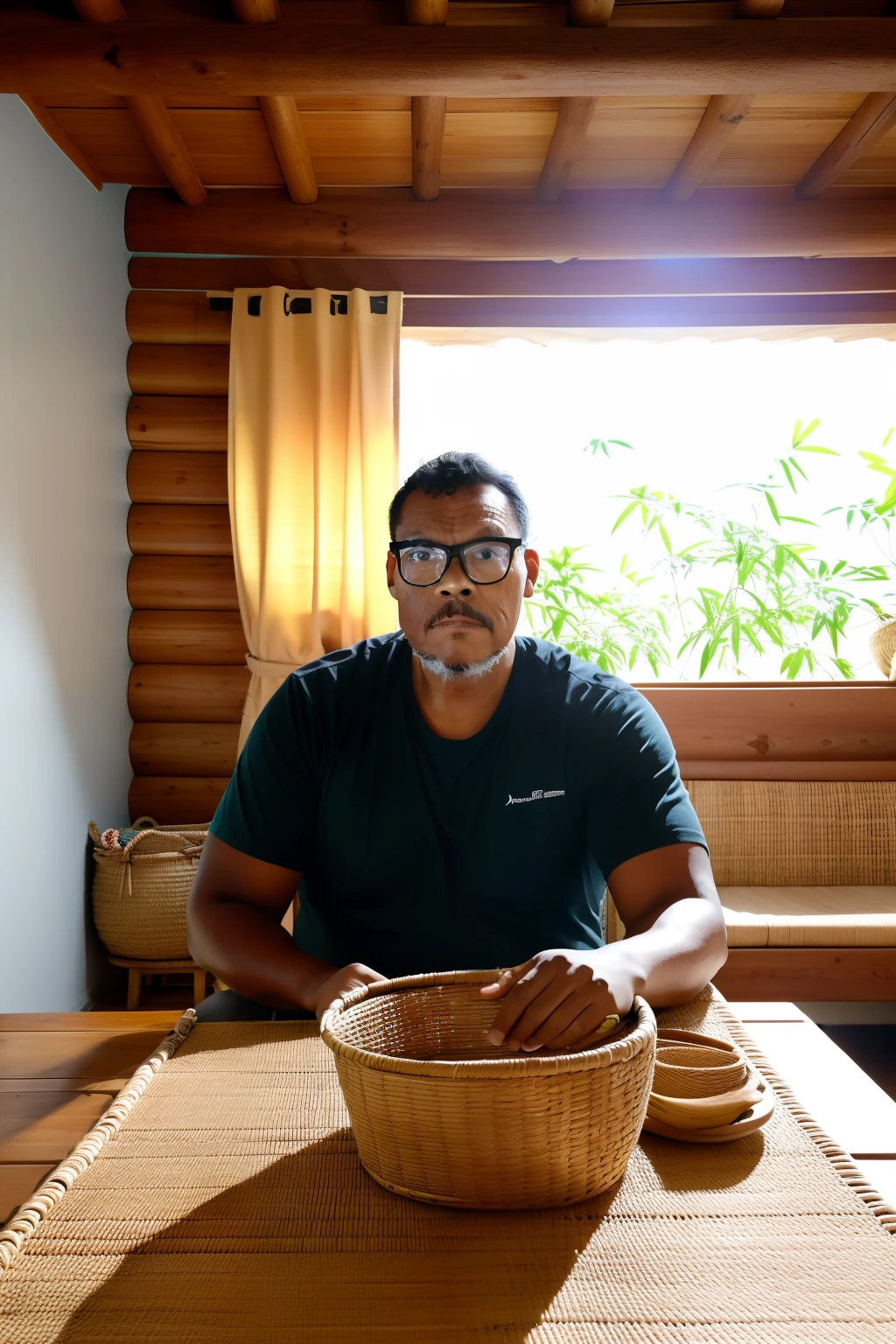 guttonervision8, An indoor studio setting with a man wearing glasses, sitting inside a beautifully crafted basket made of a combination of straw and bamboo. The table on which the basket rests is illuminated by a single light source, Using the Chiaroscuro technique to create a dramatic interplay of light and shadow. Man's glasses capture light, refletindo lampejos sutis e aumentando o realismo geral hiperdetalhado da cena. Photography is performed in ultra-high definition, allowing viewers to appreciate the meticulous craftsmanship of the basket and the facial features of the man. This composition evokes a sense of rustic charm and attention to detail, fotografia, tirada com uma Nikon D850 e um f de 50mm/1.4 lentes