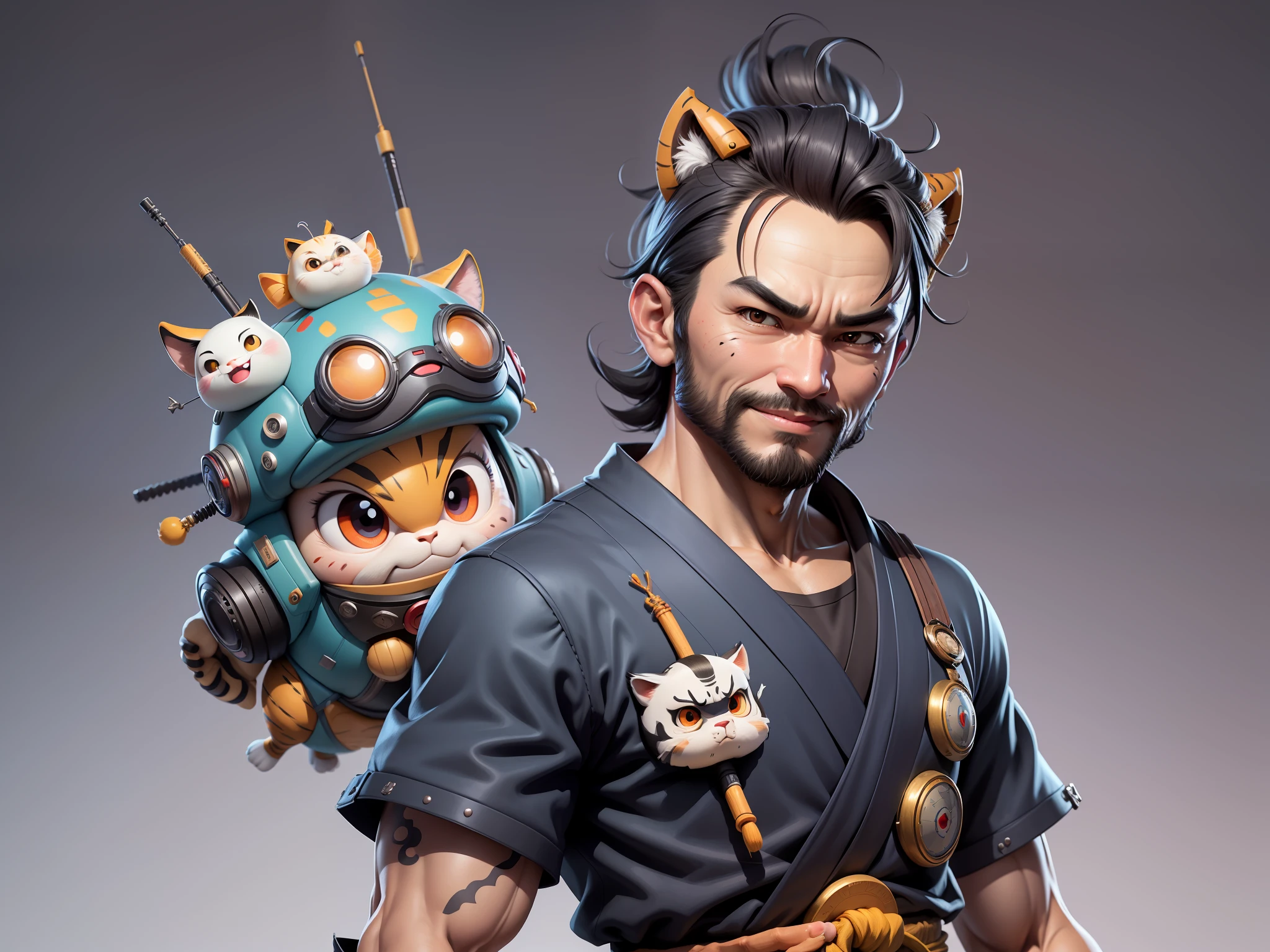 (Daisaku),(Need),(Super meticulous),(full bodyesbian:1.2),Super young man with Japanese geisha，Beautiful，orient，one tiger，Aeolian Thor，Raised sexy，爆乳，Oriental face，TV Anchor，Bust portrait illustration，In black suit，a blue tie，The face is slightly chubby，The face was clean，without a beard，Black super short hair，Black eyes，Smile confidently，3C computer sub-products，iPad， iphone，Digital painting，3D character design by Mark Clairen and Pixar and Hayao Miyazaki and Akira Toriyama，The illustration is a high-definition illustration in 4K resolution，With very detailed facial features and cartoon-style visuals。