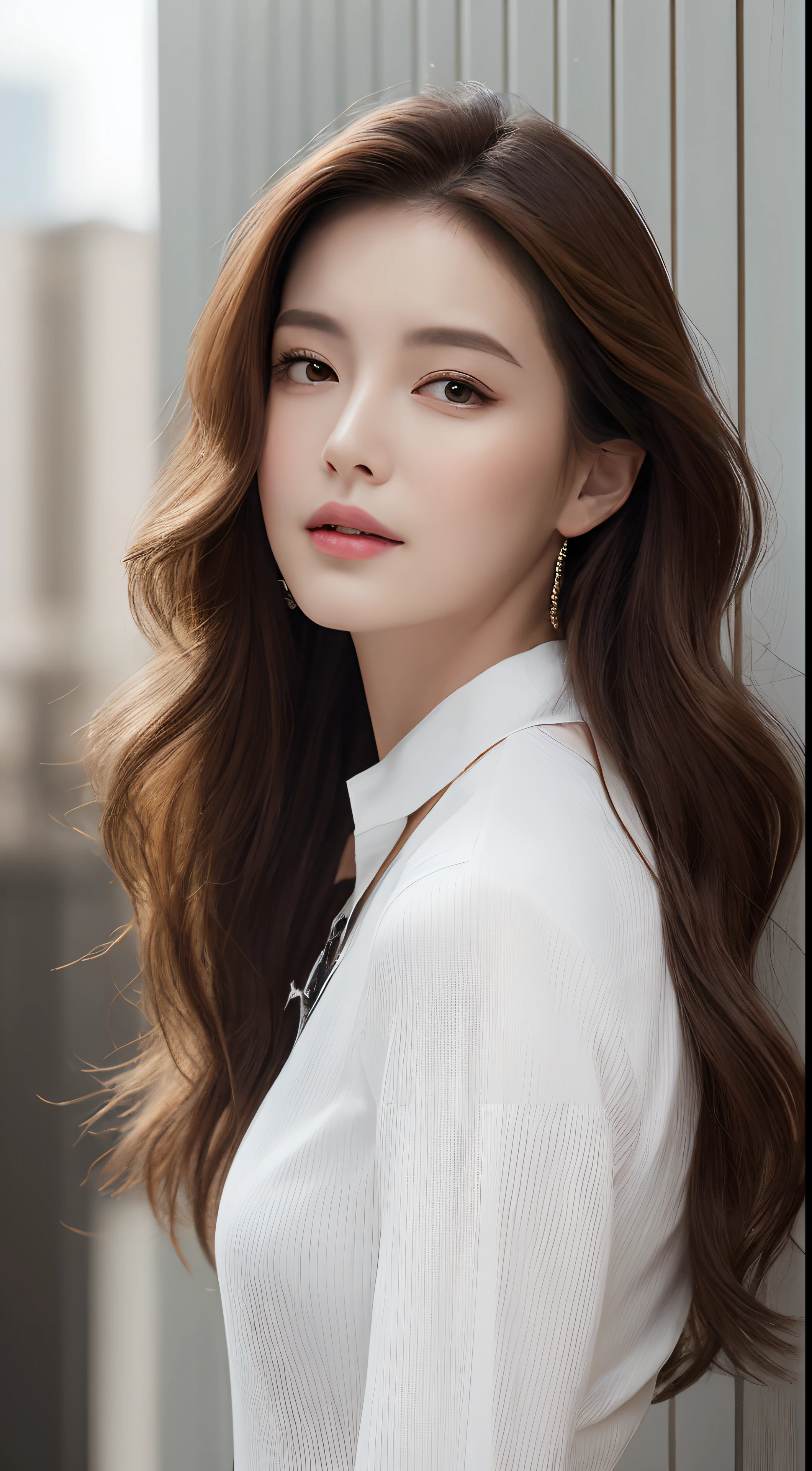 (Best quality, High resolution, Masterpiece :1.3), A tall and pretty woman, Slender abs, Dark brown hair styled in loose waves, Breasts, Wearing pendant, White button up shirt, Belt, Black skirt, (Modern architecture in background), Details exquisitely rendered in the face and skin texture, Detailed eyes, Double eyelid