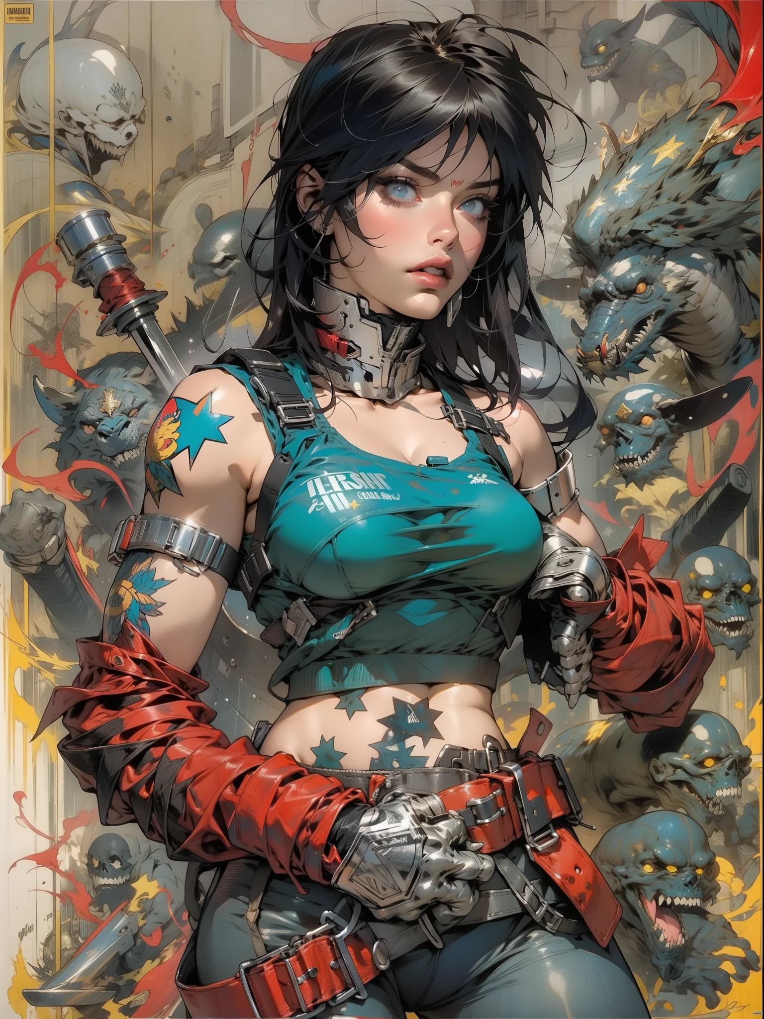 (((mulher))), (((melhor qualidade))), (((obra prima))), (((adulta))), Uma guerreira mulher de 35 anos com corpo perfeito, Brooklyn Gladiators, hand with steel gloves and metal tips, (( under boobs )), quase nua no estilo selvagem urbano de Simon Bisley para a capa da revista Heavy Metal, bionic hand, cabelo moicano colorido, Minimum clothing, armadura (azul escuro com estrelas brancas e vermelho com listras brancas), cheio de pontas e rebites manchadas de tinta, tatuagem de estrelas de 5 pontas, (((corpo inteiro))), cabelo preto curto com franja branca cobrindo a testa
