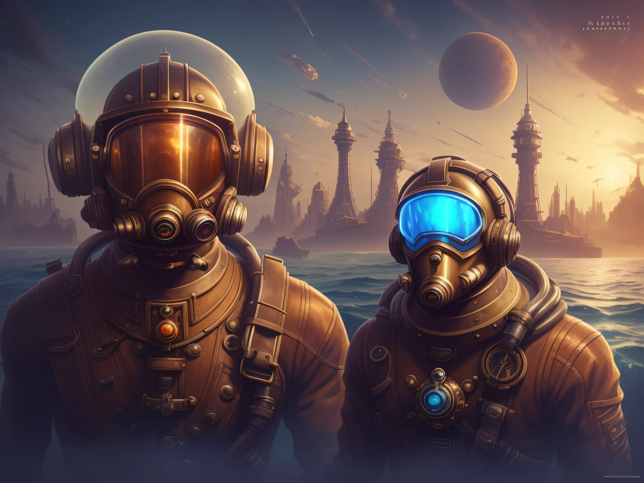 There is a man in a spacesuit with a helmet, Deep-sea diver, diving suit, old scuba, inspired by Brian Despain, Brian Despain, Steampunk diving helmet, alexey egorov, Sergey Kolesov, lofi steampunk bioshock portrait, lofi bioshock steampunk portrait, wojtek fus