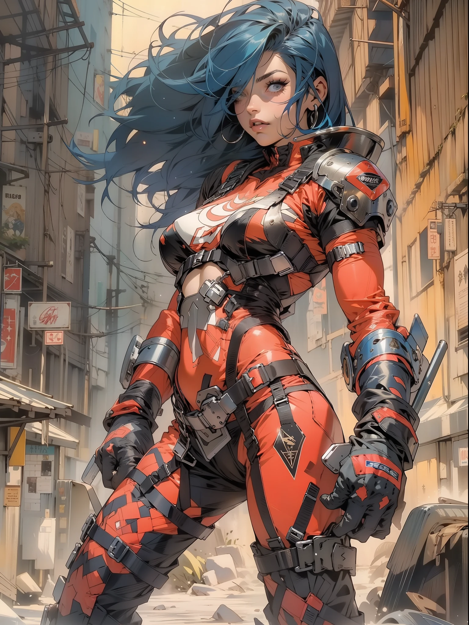 (((mulher))), (((melhor qualidade))), (((obra prima))), (((adulta))), Uma guerreira mulher de 35 anos com corpo perfeito, Brooklyn Gladiators, hand with steel gloves and metal tips, (( under boobs )), quase nua no estilo selvagem urbano de Simon Bisley para a capa da revista Heavy Metal, bionic hand, cabelo moicano colorido, Minimum clothing, armadura (azul escuro com estrelas brancas e vermelho com listras brancas), cheio de pontas e rebites manchadas de tinta, tatuagem de estrelas de 5 pontas, (((corpo inteiro))), cabelo preto curto com franja branca cobrindo a testa
