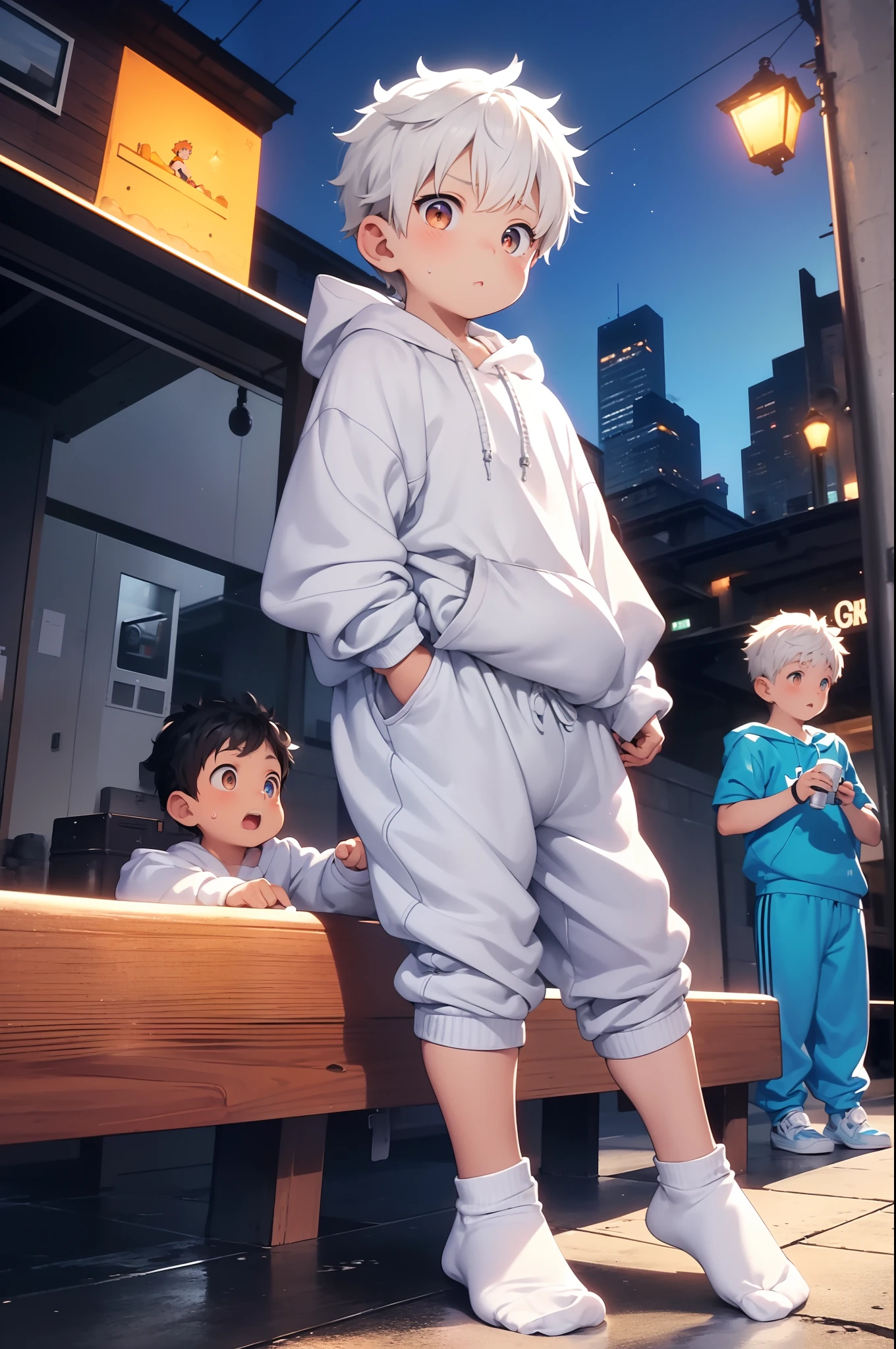 2 chubby Little boys with White hair and shiny orange eyes and socks wearing a hoodie, and oversized sweatpants sitting on a bench outside, young, boy, child, small, toddler, sparkles falling from sky, night, dark, soft light, (sweatpants:1.4), (Boy:1.4), (Shota:1.4), (Young:1.4), (blue socks:1.6), (Male:1.4)