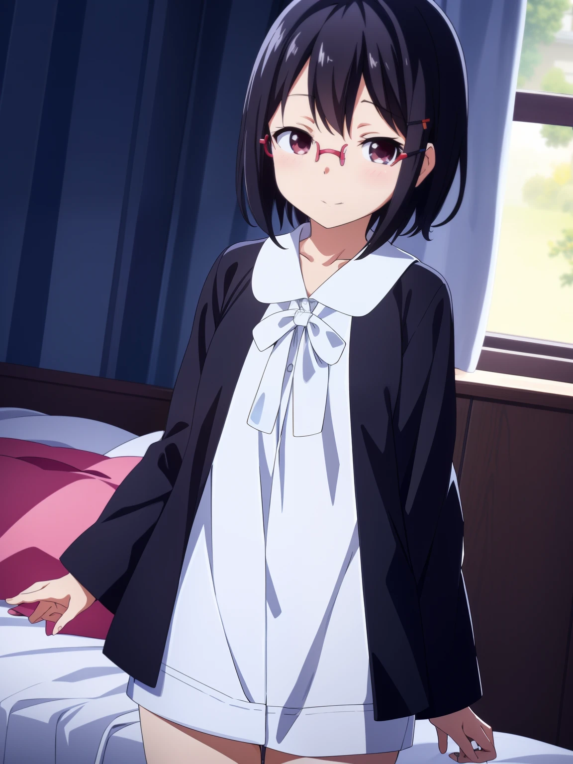 (masutepiece, Best Quality, Capture super cute moments, depth of fields, ultra-detailliert, Ultra High Resolution, C4D, Octadale, 3D Modeling, 8K, 16 K, one girls、a junior high school student、A dark-haired、short-hair、straight haired、Light brown eyes,hair adornments、wearing black glasses、Cute face)、Wearing short-sleeved pajamas、a bed