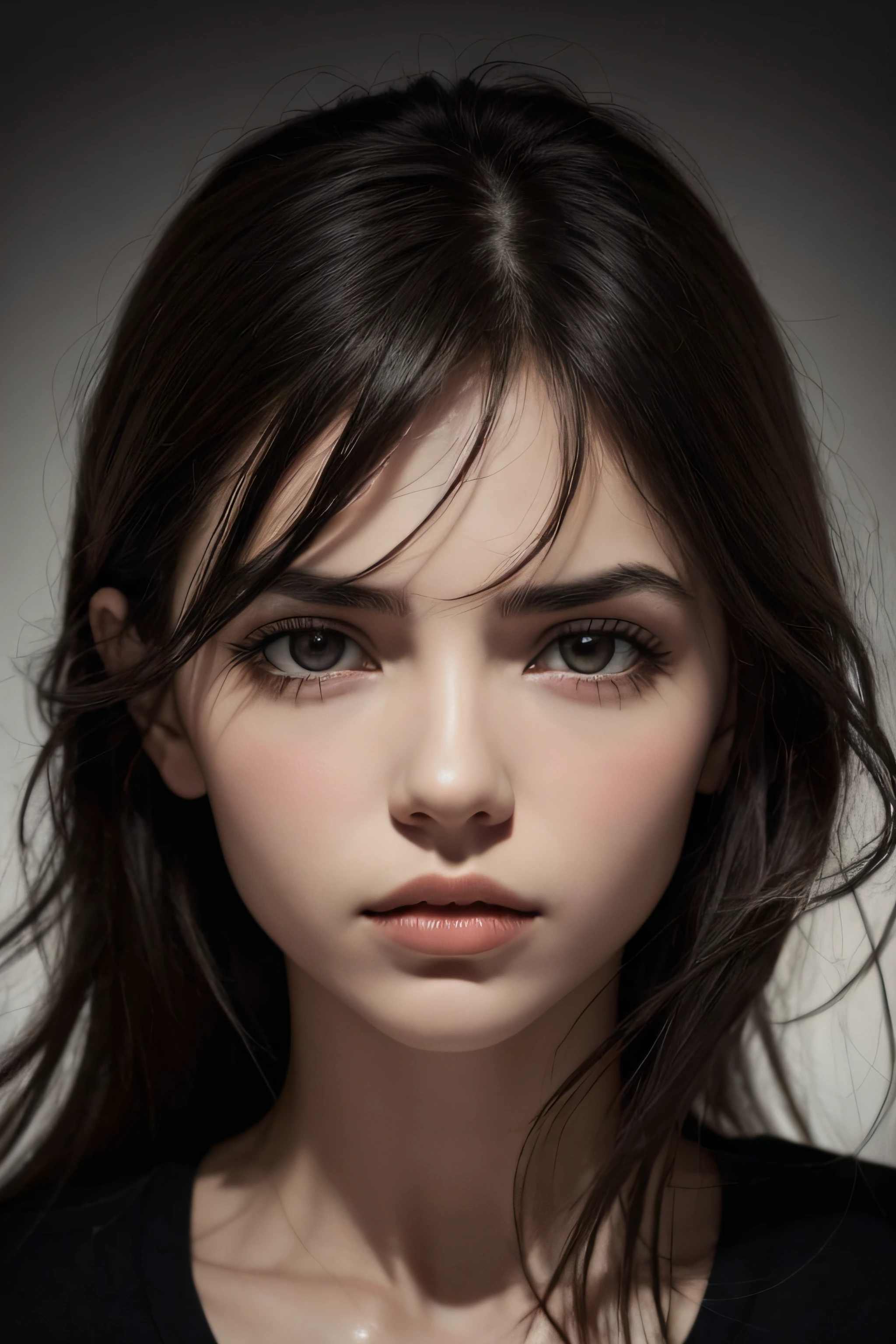 1girl, Ojo de estrella, sonrojarse, perfect ilumination, Pelo rojo, ojos rojos, Motor irreal, sidelit, Cara detallada, flequillo, piel brillante, Fondo simple, fondo oscuro,