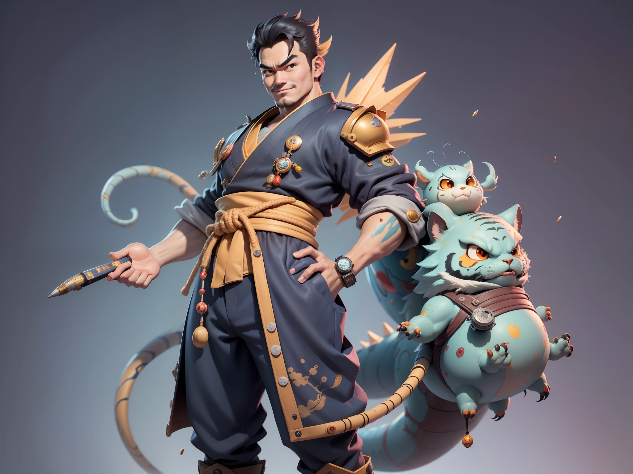 (Masterpiece), (Excellent), (Super Meticulous), (Full Body: 1.2), Super Young Man, Oriental Face, Japanese Kimono, Japanese Wind Thunder God, Dragon, Tiger, TV Anchor, Bust Portrait Illustration, Alone, Black Suit, Blue Tie, Slightly Chubby Face, Very Clean Face, No Beard, Black Super Short Hair, Black Eyes, Confident Smile, 3c Computer Sub-Products, iPad, iPhone, Digital Painting, 3D Character Design by Akira Toriyama and Mark Claireden and Pixar and Hayao Miyazaki, The illustration is a high-definition illustration in 4K resolution with very detailed facial features and cartoon-style visuals.