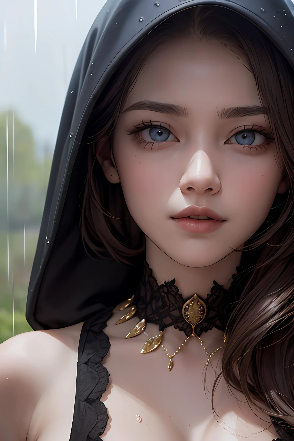 arafed woman with a hood on and rain drops on her face, detailed zoom photo, realistic body features and face, photoreal details, detailed dress and face, closeup shot of face, young woman\'s face, strong woman, trustworthy eyes