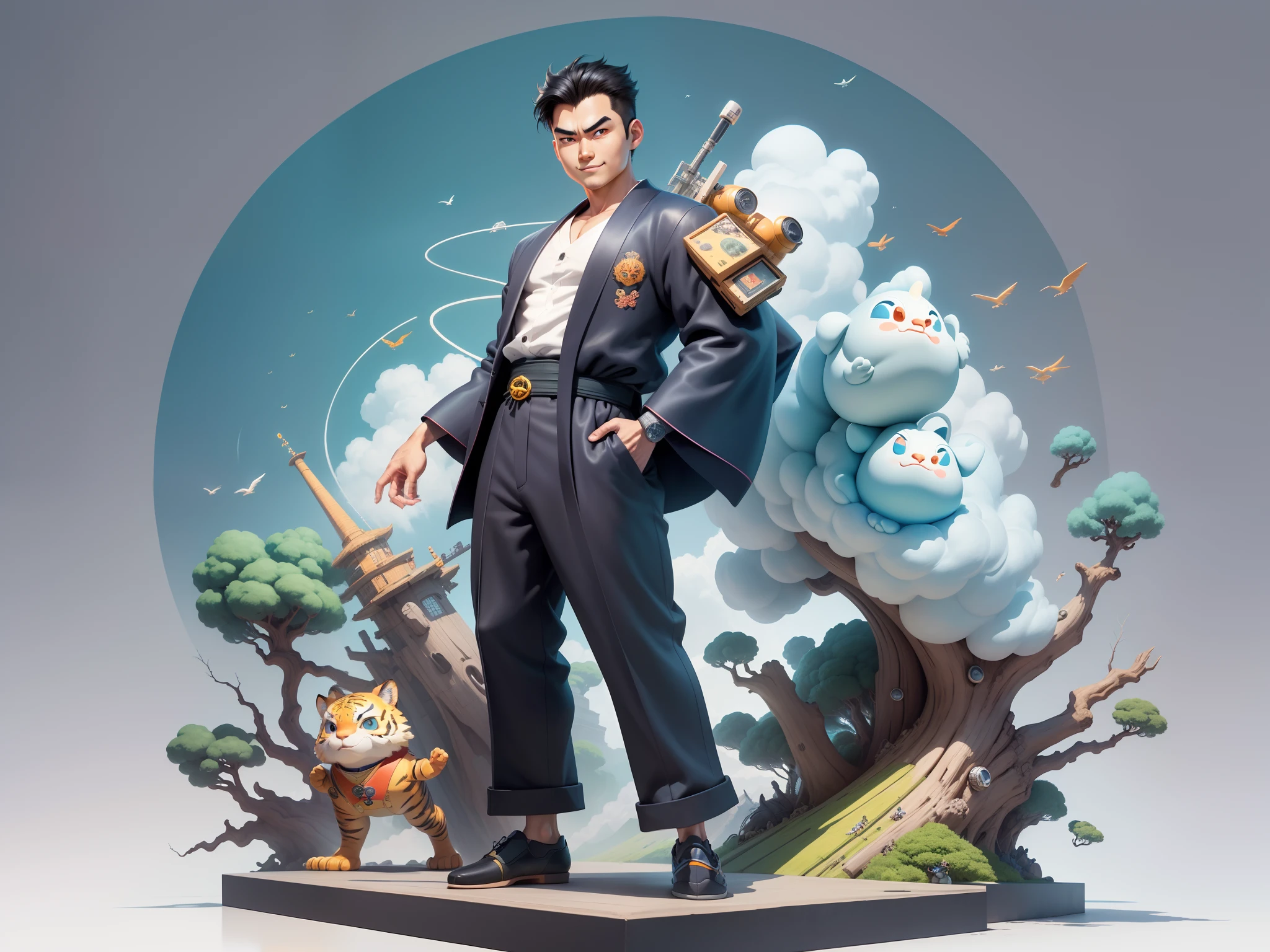 (Masterpiece), (Excellent), (Super Meticulous), (Full Body: 1.2), Super Young Man, Oriental Face, Japanese Kimono, Japanese Wind Thunder God, Dragon, Tiger, TV Anchor, Bust Portrait Illustration, Alone, Black Suit, Blue Tie, Slightly Chubby Face, Very Clean Face, No Beard, Black Super Short Hair, Black Eyes, Confident Smile, 3c Computer Sub-Products, iPad, iPhone, Digital Painting, 3D Character Design by Akira Toriyama and Mark Claireden and Pixar and Hayao Miyazaki, The illustration is a high-definition illustration in 4K resolution with very detailed facial features and cartoon-style visuals.