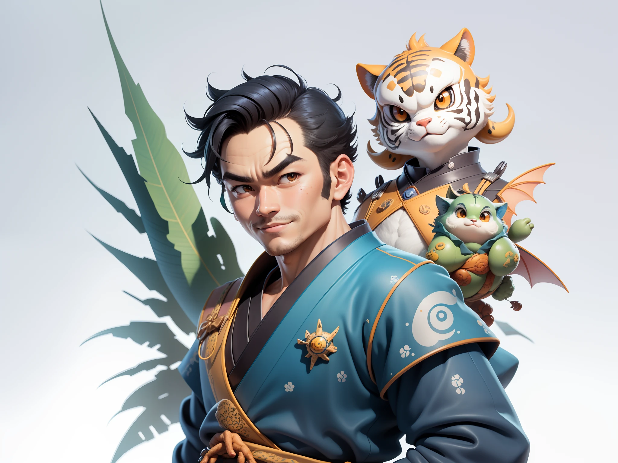 (Masterpiece), (Excellent), (Super Meticulous), (Full Body: 1.2), Super Young Man, Oriental Face, Japanese Kimono, Japanese Wind Thunder God, Dragon, Tiger, TV Anchor, Bust Portrait Illustration, Alone, Black Suit, Blue Tie, Slightly Chubby Face, Very Clean Face, No Beard, Black Super Short Hair, Black Eyes, Confident Smile, 3c Computer Sub-Products, iPad, iPhone, Digital Painting, 3D Character Design by Akira Toriyama and Mark Claireden and Pixar and Hayao Miyazaki, The illustration is a high-definition illustration in 4K resolution with very detailed facial features and cartoon-style visuals.