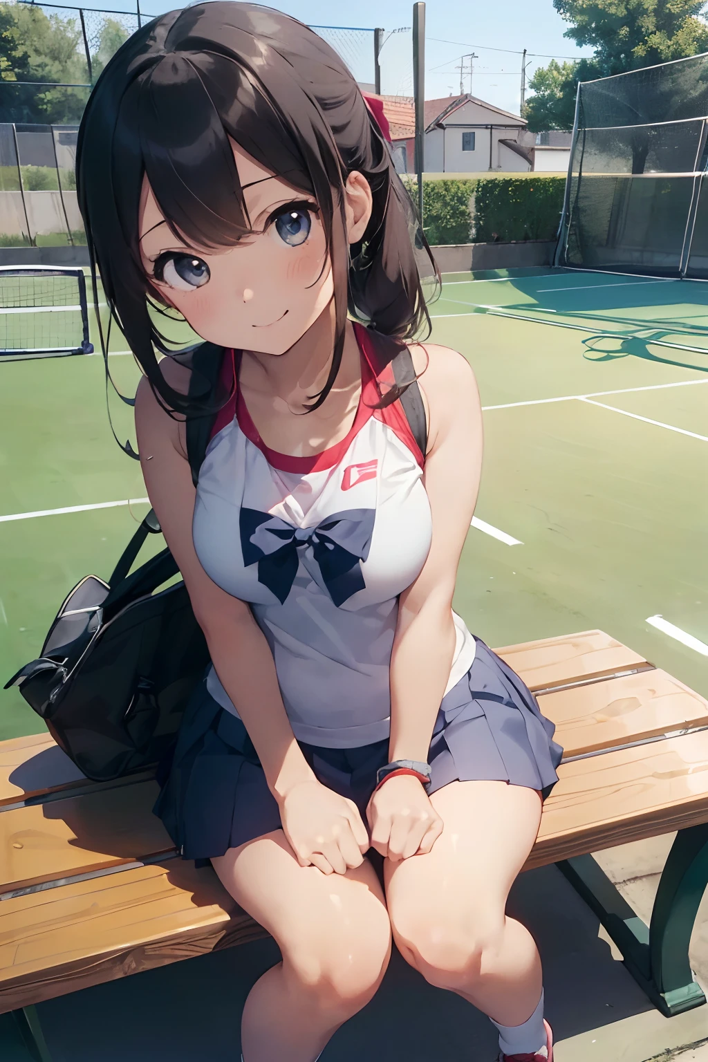 masutepiece, Best Quality, 8K_Wallpaper, (Beautiful eyes), ((Cute)), Cute, (lovely), (Tennis court on a sunny day),1girl in,small tits,1 schoolgirl,Standing next to the car,Smile,facial close-up、portlate(((tennis coat)))(((Tennis Wear)))(((Sit on a bench and relax)))