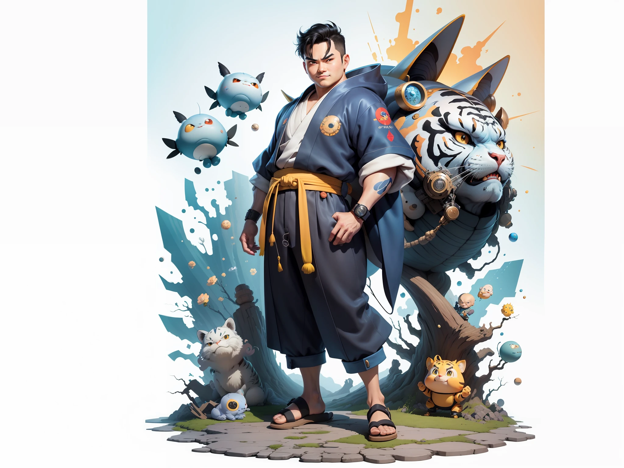 (Masterpiece), (Excellent), (Super Meticulous), (Full Body: 1.2), Super Young Man, Oriental Face, Japanese Kimono, Japanese Wind Thunder God, Dragon, Tiger, TV Anchor, Bust Portrait Illustration, Alone, Black Suit, Blue Tie, Slightly Chubby Face, Very Clean Face, No Beard, Black Super Short Hair, Black Eyes, Confident Smile, 3c Computer Sub-Products, iPad, iPhone, Digital Painting, 3D Character Design by Akira Toriyama and Mark Claireden and Pixar and Hayao Miyazaki, The illustration is a high-definition illustration in 4K resolution with very detailed facial features and cartoon-style visuals.