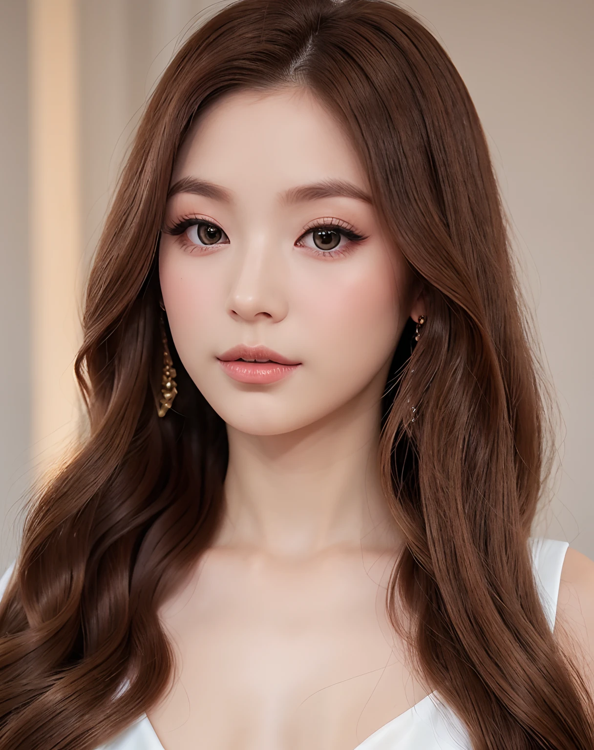 Elegant makeup, (Elegant long hair,Reverse curly hair,Light brown hair color: 1.4) Elegant dress