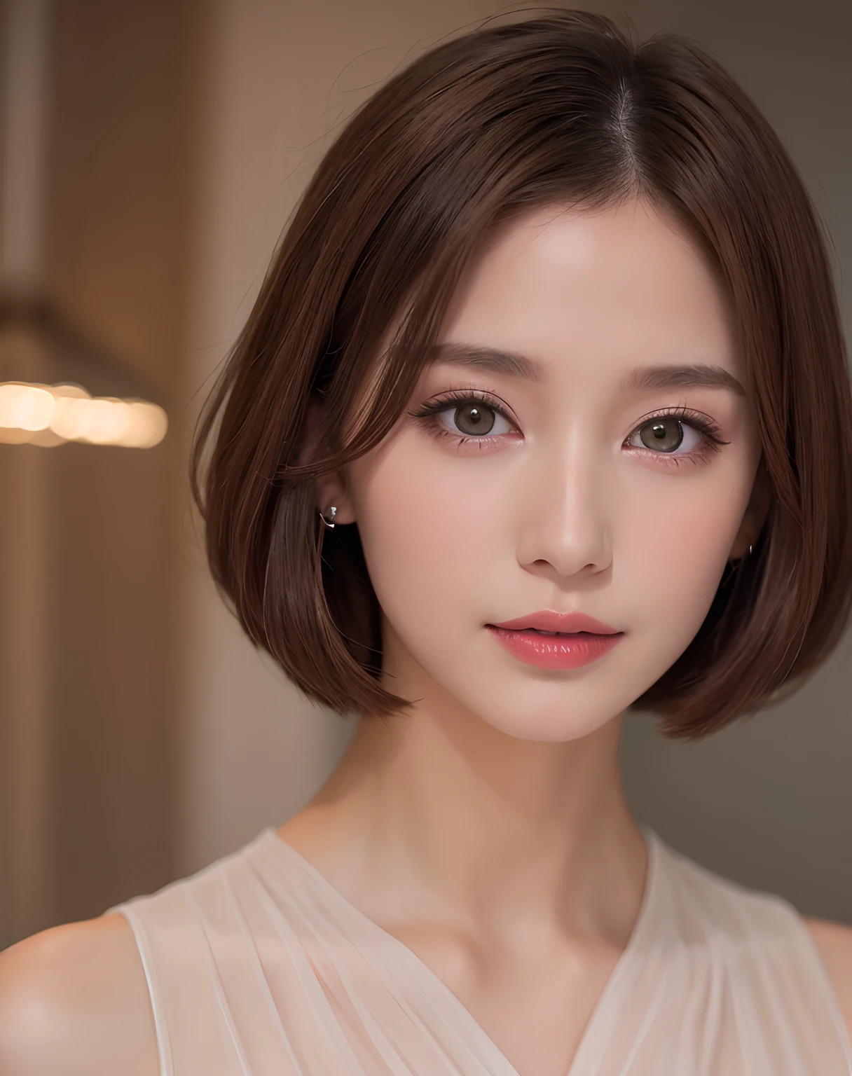 Elegant makeup, (Elegant shorthair,Light brown hair color: 1.4) Elegant dress、Chiffon blouse、full body Esbian、above waist