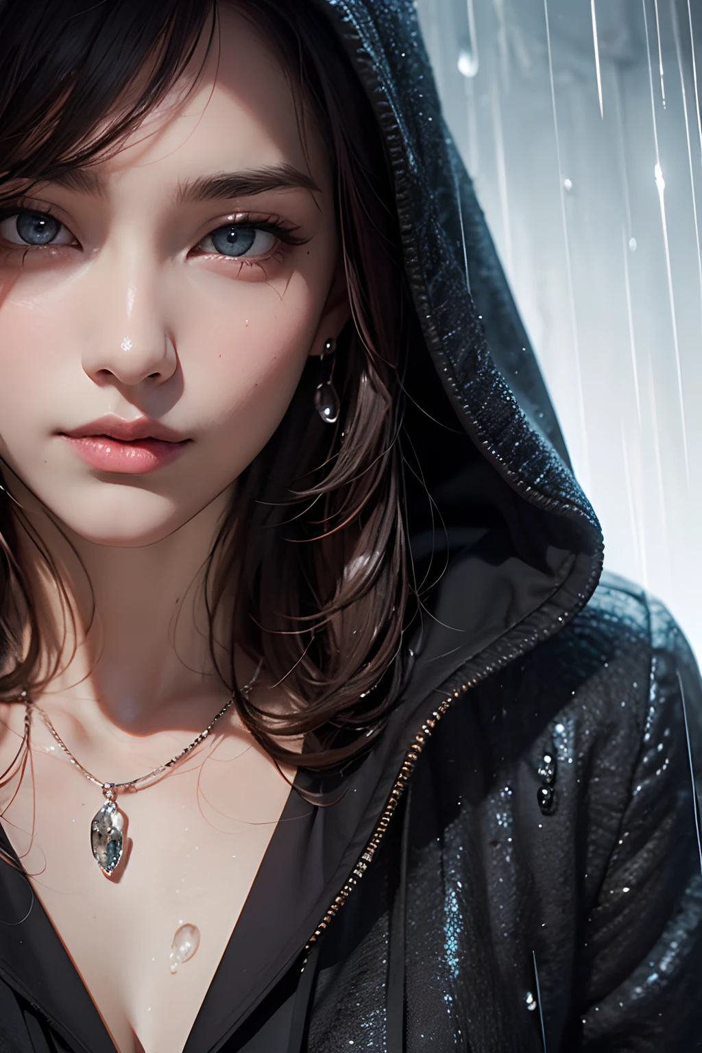 arafed woman with a hood on and rain drops on her face, detailed zoom photo, realistic body features and face, photoreal details, detailed dress and face, closeup shot of face, young woman\'s face, strong woman, trustworthy eyes