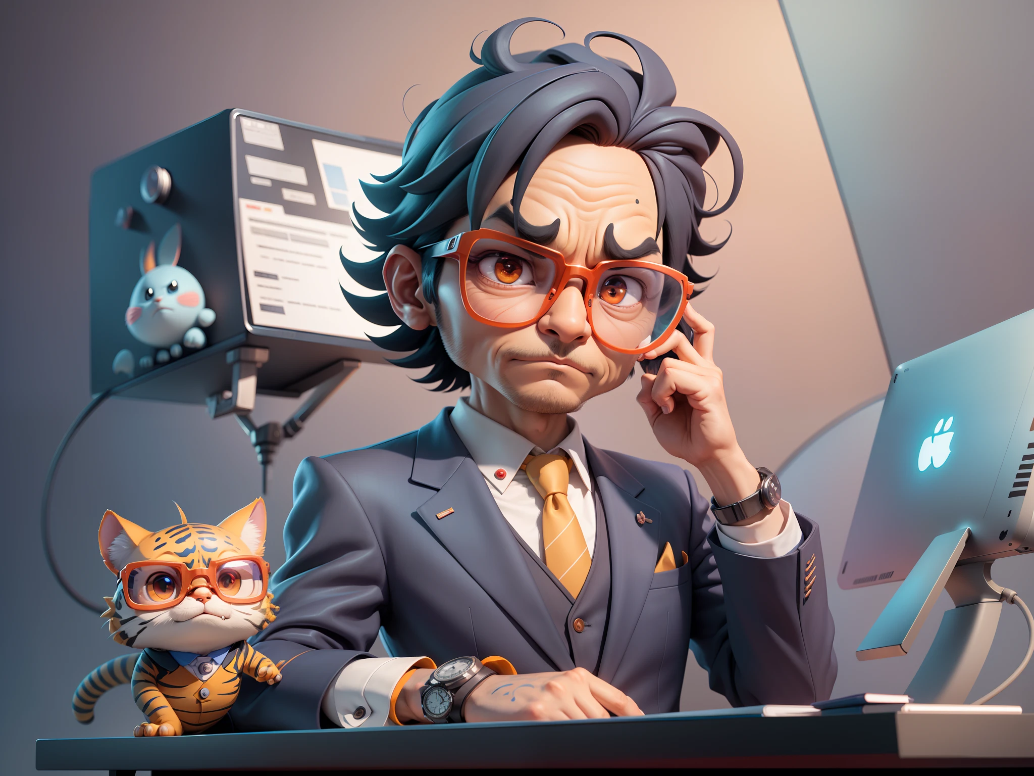 A young man in a suit, Short hair and glasses sat at his desk,holding laptop,digitial painting,tigre,3D character design by Mark Clairen and Pixar and Hayao Miyazaki and Akira Toriyama,4K HD illustration,Very detailed facial features and cartoon-style visuals。