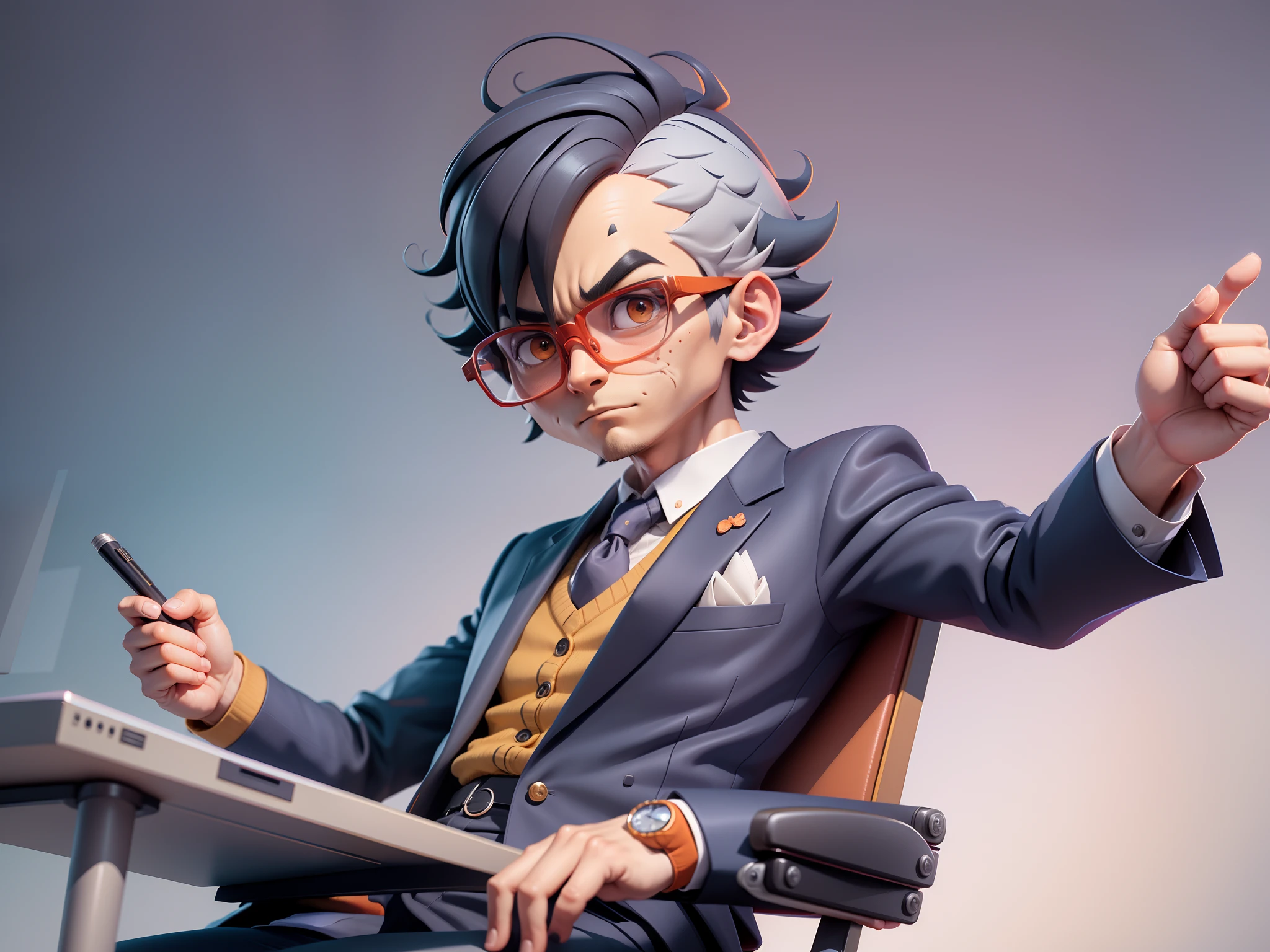 A young man in a suit, Short hair and glasses sat at his desk,holding laptop,digitial painting,tigre,3D character design by Mark Clairen and Pixar and Hayao Miyazaki and Akira Toriyama,4K HD illustration,Very detailed facial features and cartoon-style visuals。