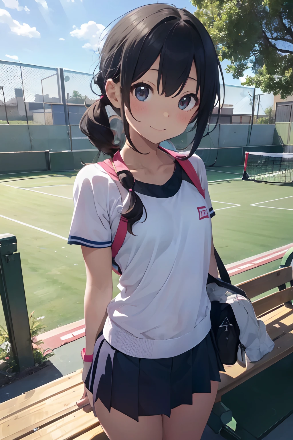 masutepiece, Best Quality, 8K_Wallpaper, (Beautiful eyes), ((Cute)), Cute, (lovely), (Tennis court on a sunny day),1girl in,small tits,1 schoolgirl,Standing next to the car,Smile,facial close-up、portlate(((tennis coat)))(((Tennis Wear)))(((Sit on a bench and relax)))
