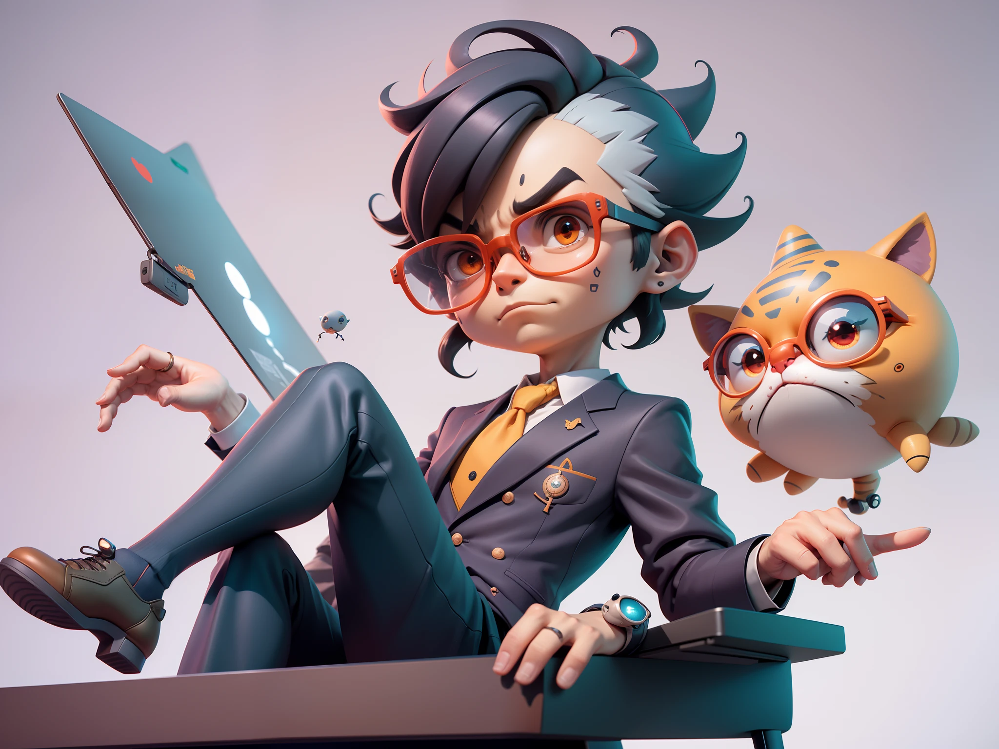 A young man in a suit, Short hair and glasses sat at his desk，holding laptop，digitial painting，tigre，3D character design by Mark Clairen and Pixar and Hayao Miyazaki and Akira Toriyama，4K HD illustration，Very detailed facial features and cartoon-style visuals。