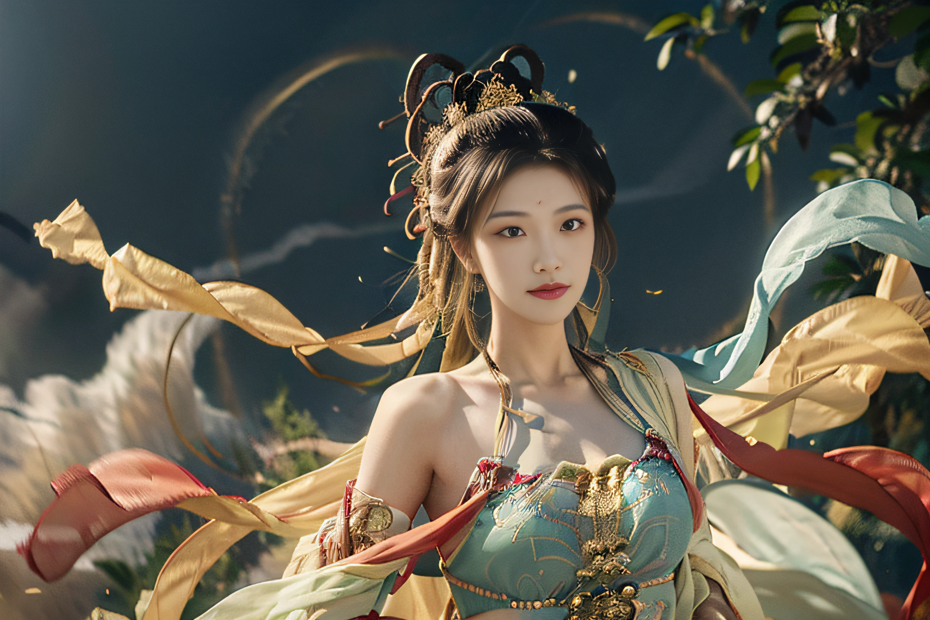 Masterpiece, Surrealistic, 32k, very detailed CG unified 8k wallpaper, best quality, realistic, Dunhuang Apsaras photo, 1 girl, (white robe), in a charming scene, rich background, Swiss Alps, Switzerland, (Haruhi)), very detailed, exquisite beautiful face, big eyes looking at the audience, The background and characters are clear,natural expression, charming smile, Bust photo, Dance, Dunhuang costume, Dunhuang style, arms, dancing with ribbons, colorful ribbons blowing in the wind, golden jewelry, dance postures, Dancing finger pose,(Fingers are normal and natural),Ancient Chinese hairstyles, flowing hair, streamers, flying in the air, light makeup, eye shadow, brow lines, (face), dynamics, petal flight, Details, Jewelry, earrings, bracelets, shoulders, Intricate textures, chest, Guqin, wind pipe, A beautiful woman is flying through the air, soaring on the clouds, the wind gently lifting her robe, emphasizing the feeling of flight as they gracefully fly across the ethereal cloud scene