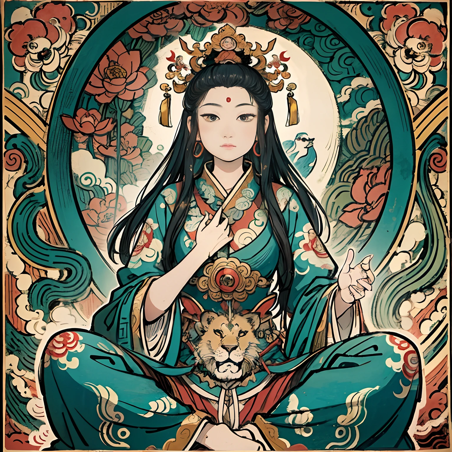 an ancient Chinese goddess, guanyin of the southern seas, Guanyin, Inspired by India, Avalokiteshvara rides a lion,,Serene expression,shui mo hua,Buddha,Buddhist,Lotus,Chinese painting style,Thangka style