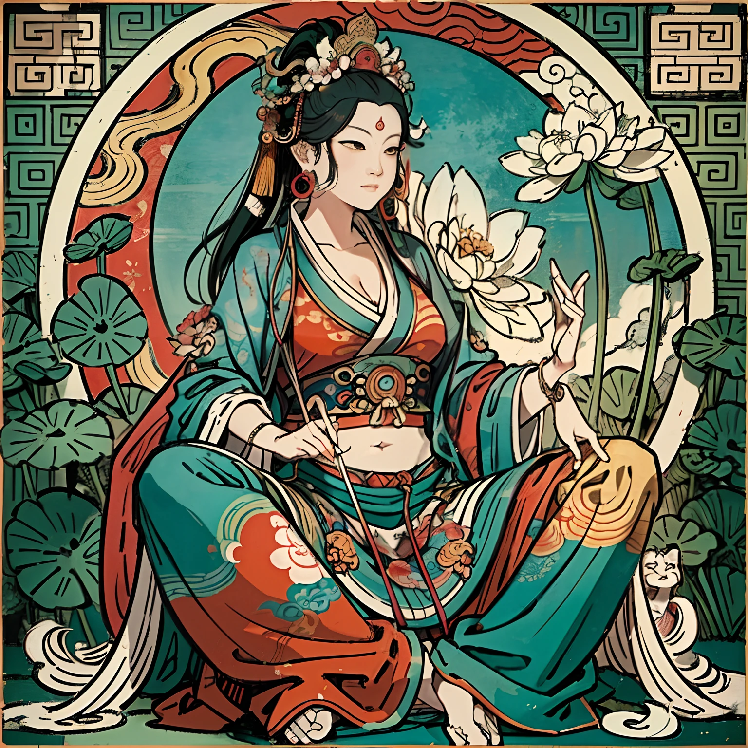 an ancient Chinese goddess, guanyin of the southern seas, Guanyin, Inspired by India, Avalokiteshvara rides a lion,,Serene expression,shui mo hua,Buddha,Buddhist,Lotus,Chinese painting style,Thangka style
