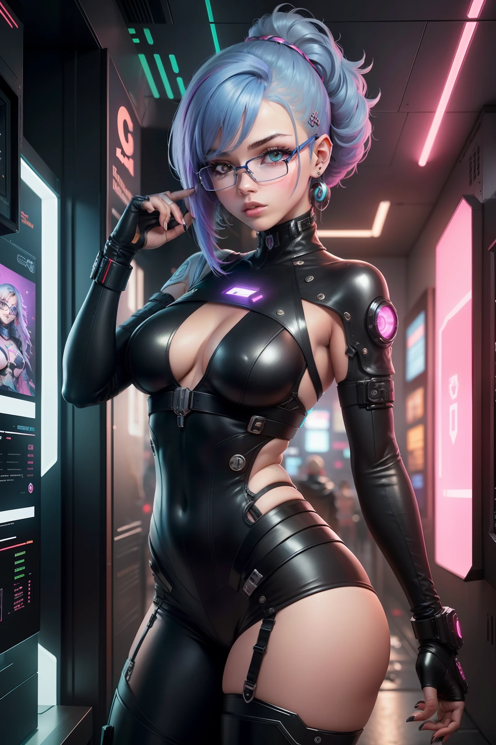 A woman in a futuristic outfit with glasses and a futuristic outfit, Ciborgue - Menina com cabelo prateado, menina ciborgue bonito, cyberpunk menina bonita, cyborg menina branca bonita, menina bonita ciborgue, retrato bonito sci - fi girl, Cyberpunk 2 0 e. o modelo menina, menina de anime cyberpunk feminino, menina cyberpunk sonhadora, garota anime cyberpunk, menina android perfeita, menina ciborgue, (Corpo Inteiro: 1.2), Subprodutos de Computador 3c, iPad, iPhone, Computer in hand.