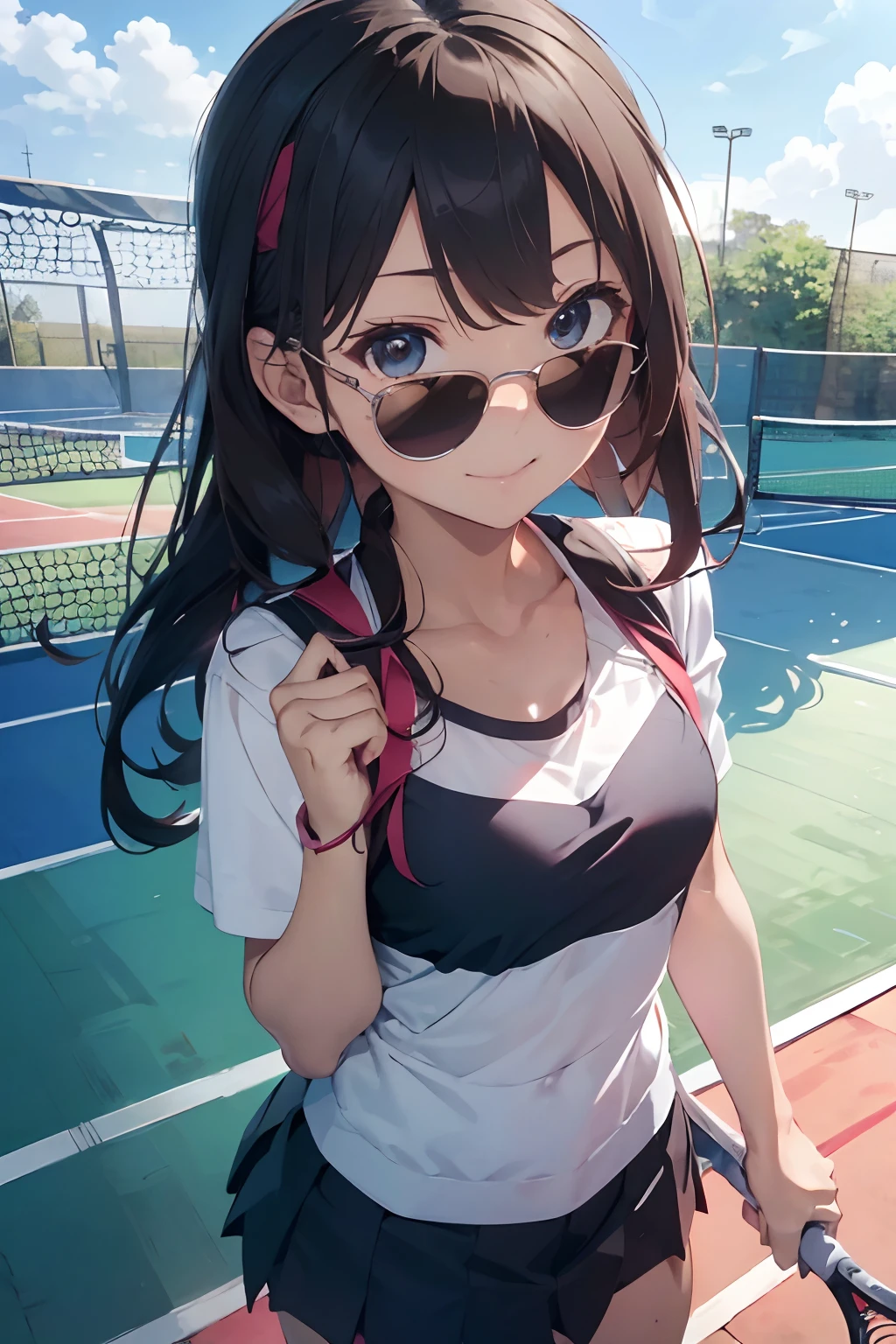 masutepiece, Best Quality, 8K_Wallpaper, (Beautiful eyes), ((Cute)), Cute, (lovely), (Tennis court on a sunny day),1girl in,small tits,1 girl,Standing next to the car,Smile,facial close-up、portlate(((tennis coat)))(((Tennis Wear)))(((Wearing sunglasses)))