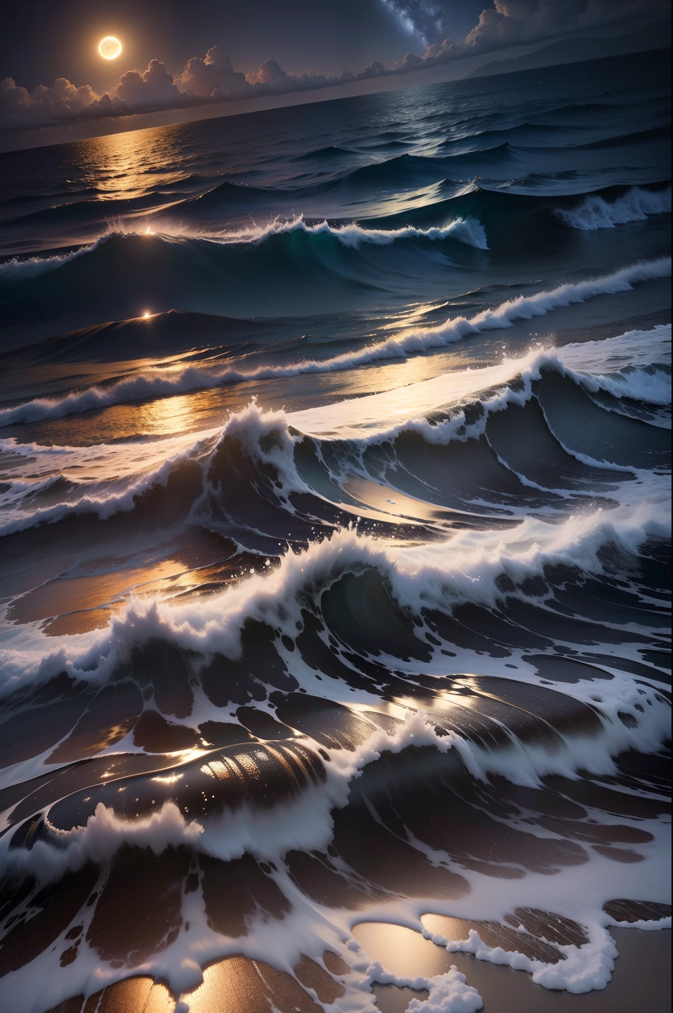 luar com ondas pequenas, mar calmo, tranquilo, anoitecer, noite, night, navio grande distante, reflexo de luz no oceano, A realistic image with 8K resolution, papel de parede perfeito, stars in the sky, lua cheia, kodak film, realistc