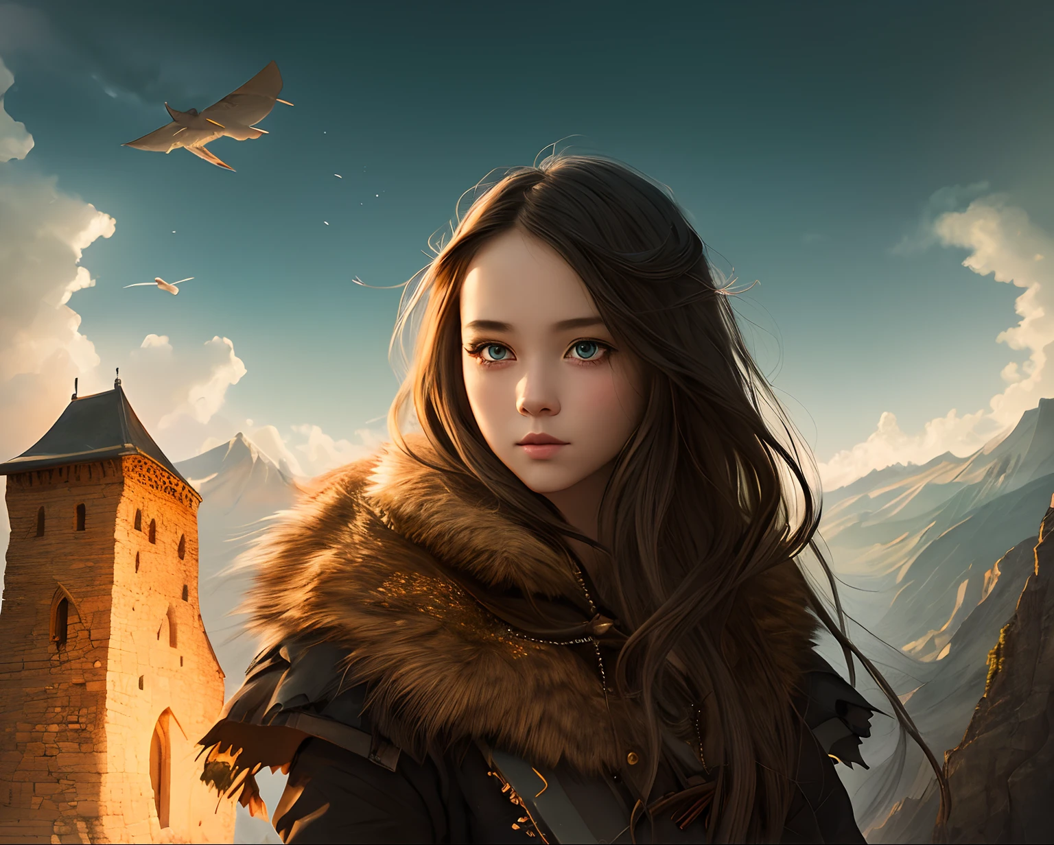 ((master piece)),best quality, illustration, dark, 1girl, In the wilderness,High mountain, Empty space, castle, beautiful detailed eyes, beautiful detailed hair,