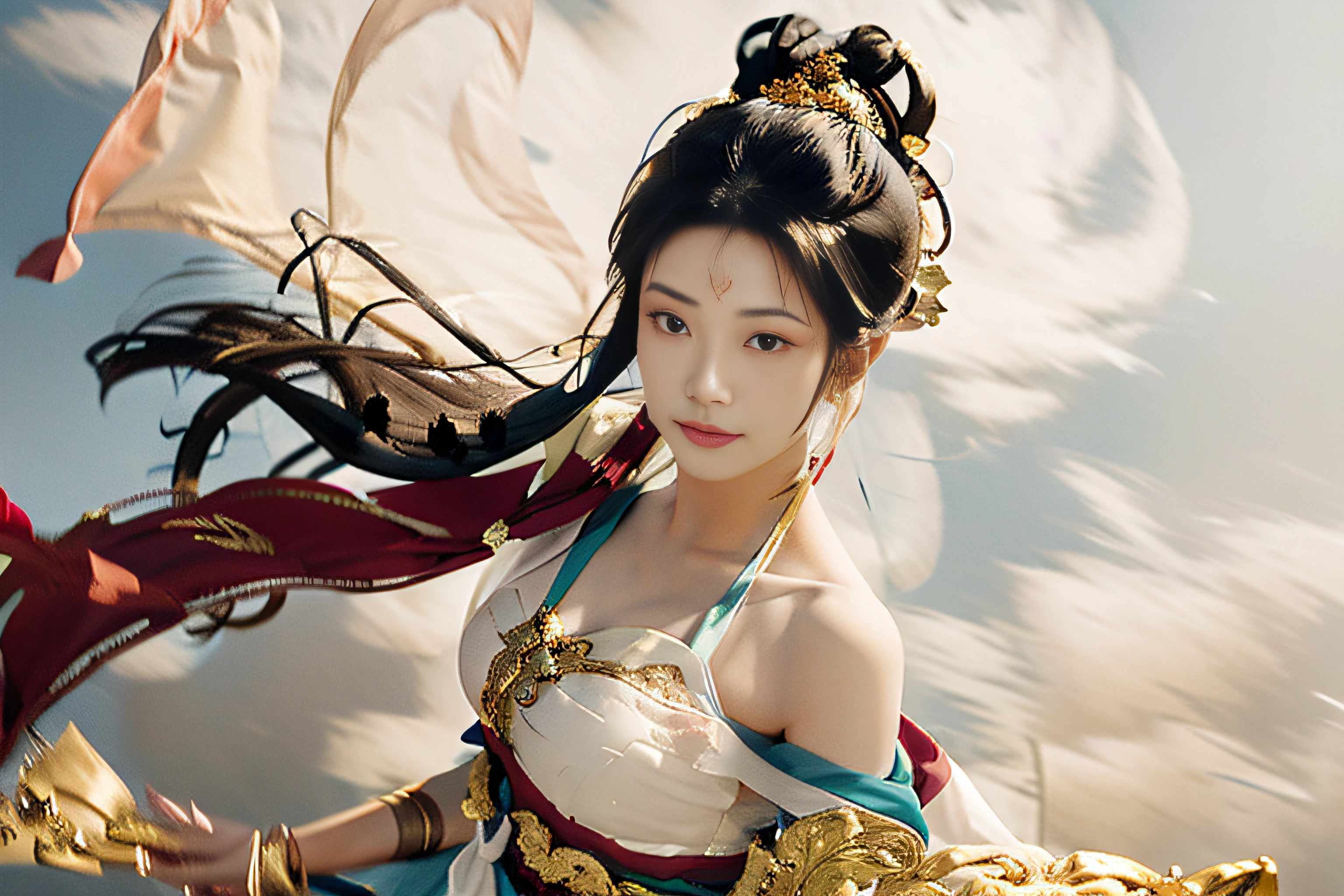 Masterpiece, Surrealistic, 32k, very detailed CG unified 8k wallpaper, best quality, realistic, Dunhuang Apsaras photo, 1 girl, (white robe), in a charming scene, rich background, Swiss Alps, Switzerland, (Haruhi)), very detailed, exquisite beautiful face, big eyes looking at the audience, The background and characters are clear,natural expression, charming smile, Bust photo, Dance, Dunhuang costume, Dunhuang style, arms, dancing with ribbons, colorful ribbons blowing in the wind, golden jewelry, dance postures, Dancing finger pose,(Fingers are normal and natural),Ancient Chinese hairstyles, flowing hair, streamers, flying in the air, light makeup, eye shadow, brow lines, (face), dynamics, petal flight, Details, Jewelry, earrings, bracelets, shoulders, Intricate textures, chest, Guqin, wind pipe, A beautiful woman is flying through the air, soaring on the clouds, the wind gently lifting her robe, emphasizing the feeling of flight as they gracefully fly across the ethereal cloud scene