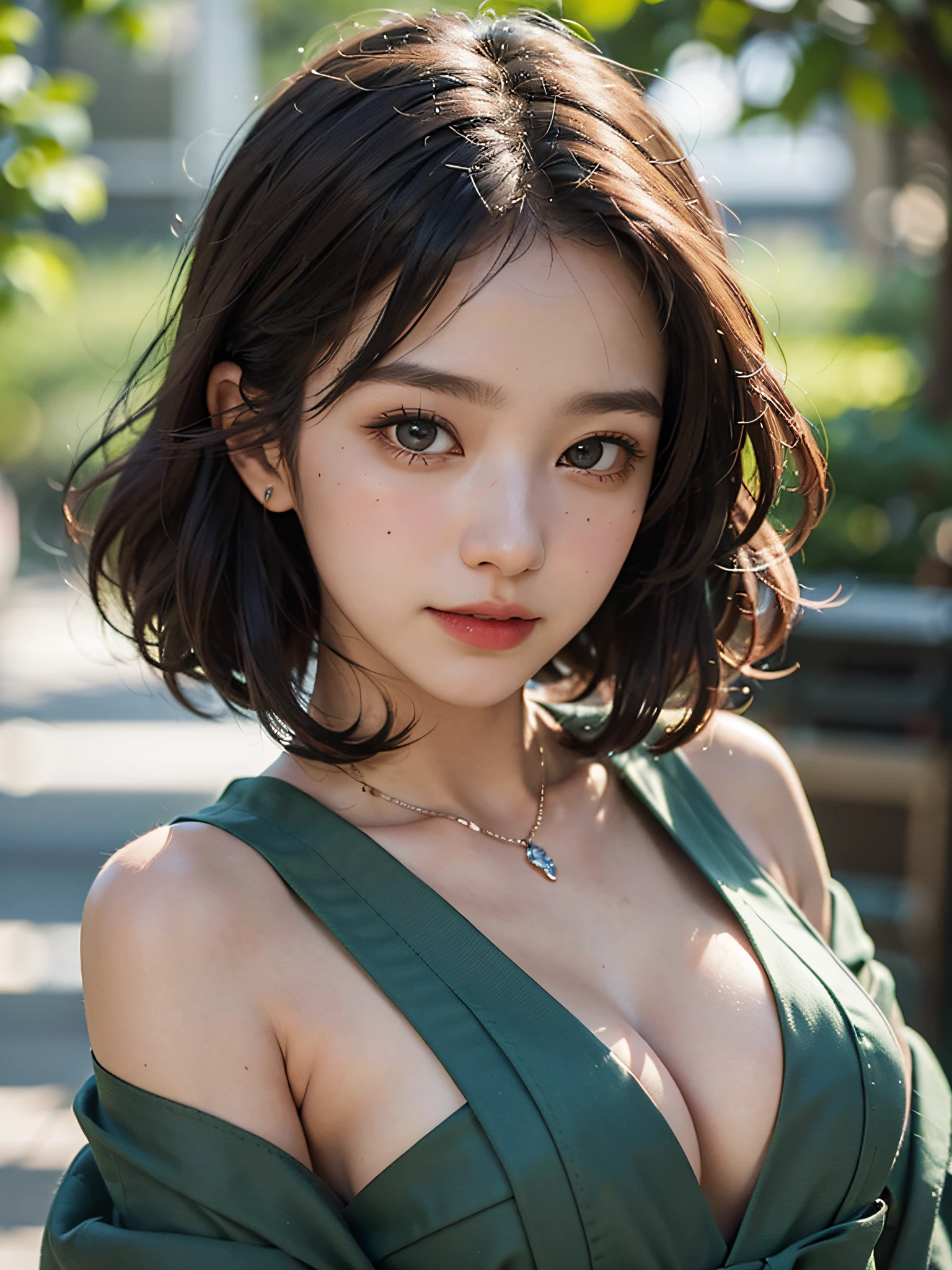 (top-quality、8K、​masterpiece)、(The best illustrations)、extremely delicate and beautiful、Unity、Amazingly fine detail、超A high resolution、extra detailed face、Superbly detailed eyes、(Best Shadows:1.1)、(photo realistic1.3)、Realistic facial proportions、a handsome female、独奏、(Large breasts:1.3)、(Deep cleavage)、Slimed、smiling at the viewer、(Wearing a green hakama)、(makeups:0.4)、dark brown hair、a short bob、(irregular skin imperfections、vein、Wrinkled pores on the skin:1.1)、(bokeh dof:1.4)、cowboy  shot、Sunnyday
