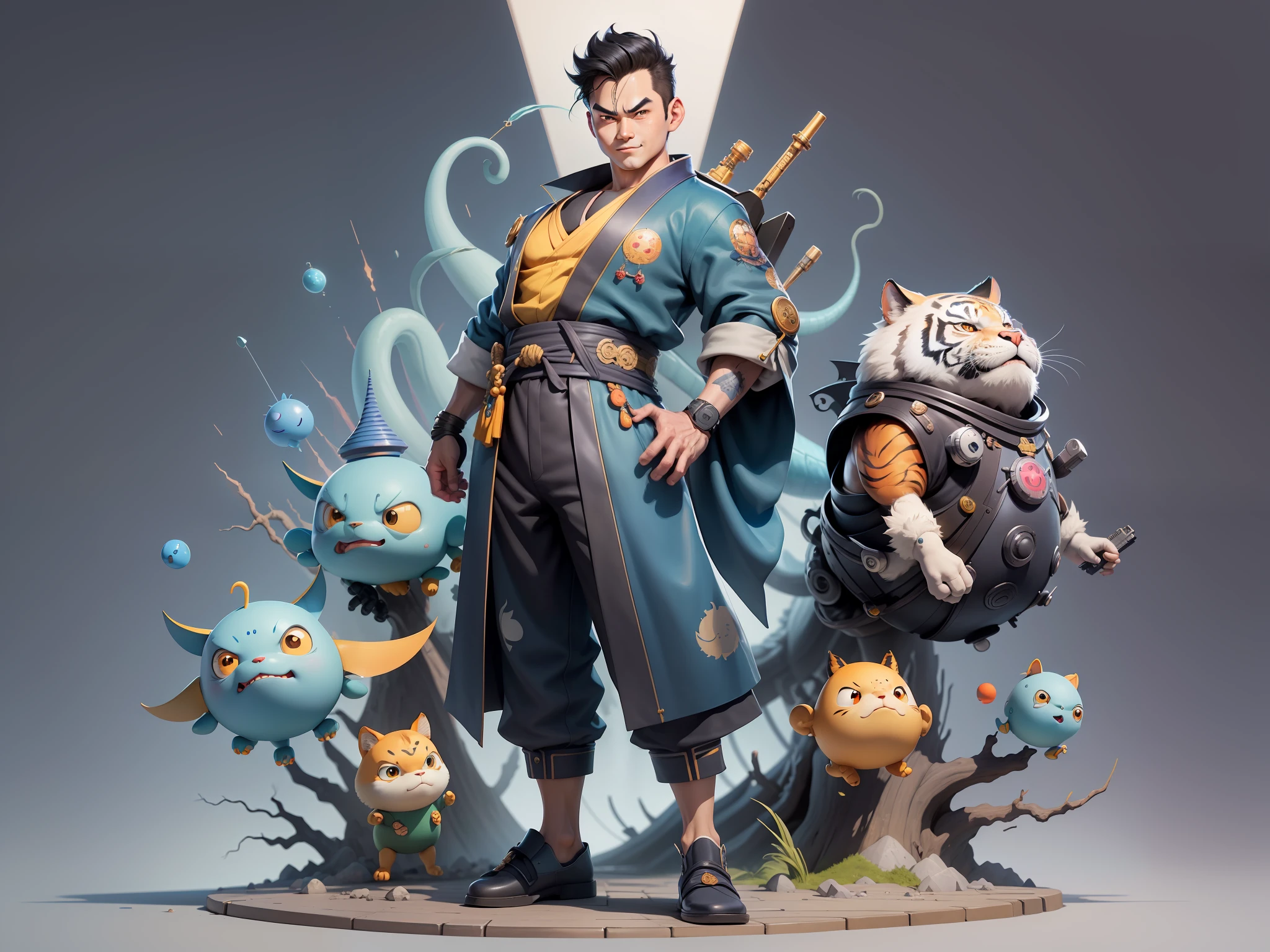 (Masterpiece), (Excellent), (Super Meticulous), (Full Body: 1.2), Super Young Man, Oriental Face, Japanese Kimono, Japanese Wind Thunder God, Dragon, Tiger, TV Anchor, Bust Portrait Illustration, Alone, Black Suit, Blue Tie, Slightly Chubby Face, Very Clean Face, No Beard, Black Super Short Hair, Black Eyes, Confident Smile, 3c Computer Sub-Products, iPad, iPhone, Digital Painting, 3D Character Design by Akira Toriyama and Mark Claireden and Pixar and Hayao Miyazaki, The illustration is a high-definition illustration in 4K resolution with very detailed facial features and cartoon-style visuals.
