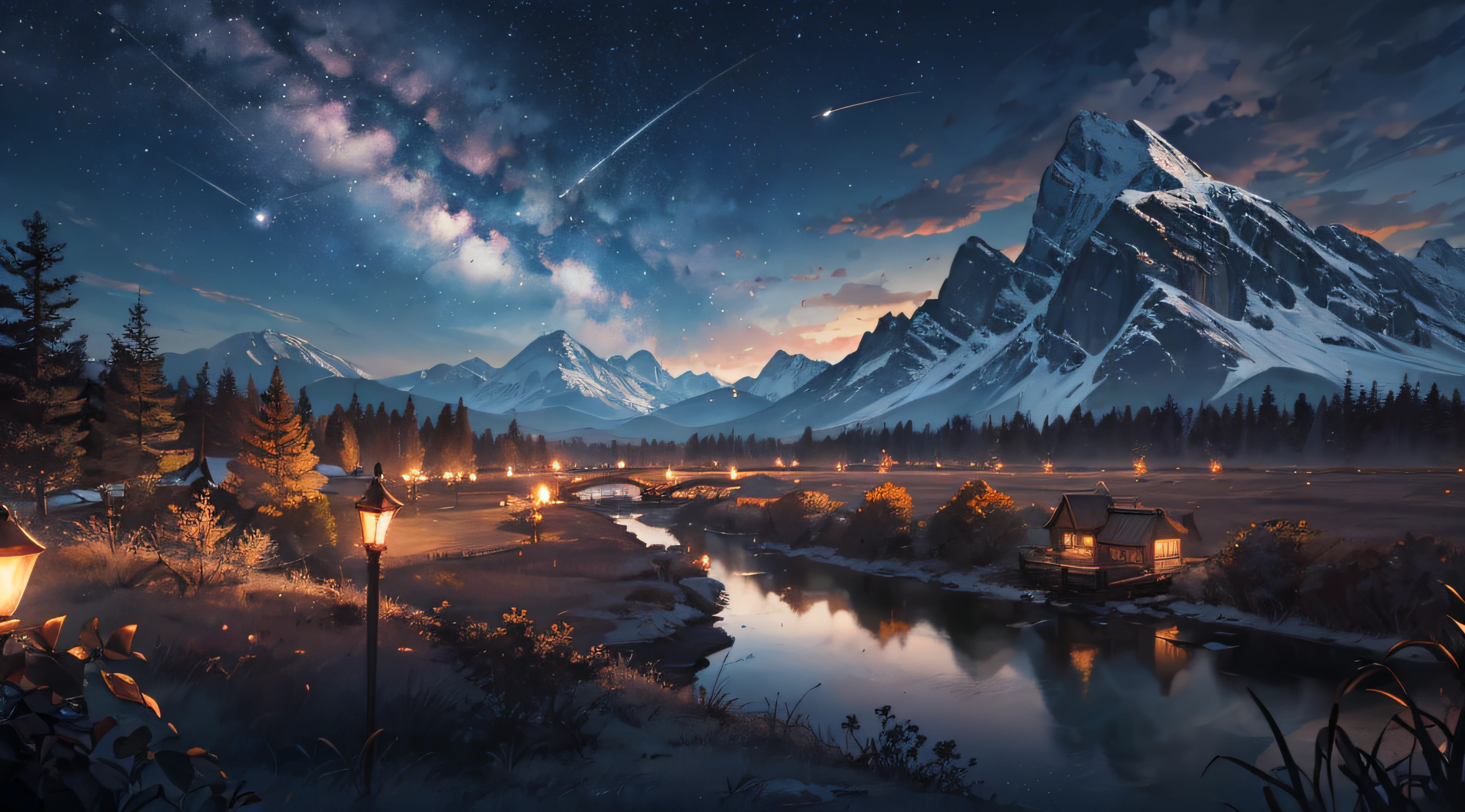 Expansive landscape photograph,(moon full:1.2),(meteors:0.9),(Starcloud:1.3),(Warm light source:1.2),(glowworm:1.2),lamp lights,Lots of purple and orange,Complicated details,Volumetriclighting,Realism BREAK(tmasterpiece:1.2),(best qualtiy),8K,Ultra-detailed,(dynamic compositions:1.4),The is very detailed,Colorful details,(Irridescent color:1.2),(luminouslighting,Atmospheric lighting),dream magical,magical,(独奏:1.2),((best qualtiy)), ((tmasterpiece)), (the detail:1.4),depth of fields,maximum definition and sharpness,perfectly proportions,Fluttering clouds,Wallpapers