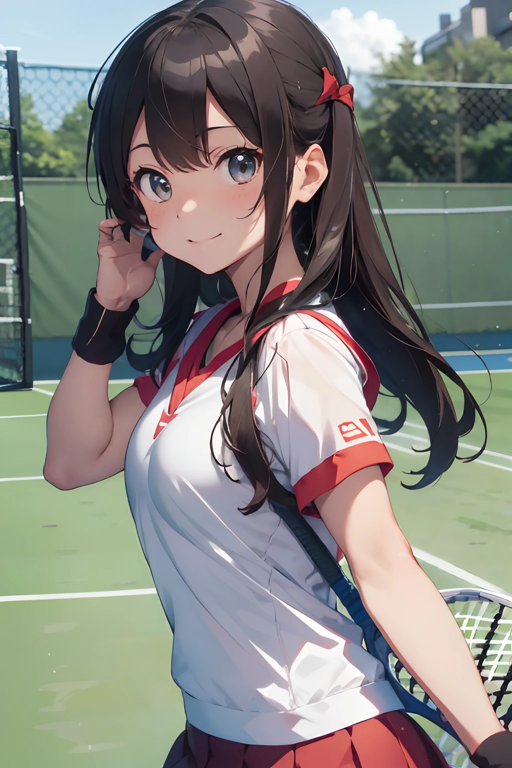 masutepiece, Best Quality, 8K_Wallpaper, (Beautiful eyes), ((Cute)), Cute, (lovely), (Tennis court on rainy days),1girl in,small tits,1 schoolgirl,Girl talking on the phone,Smile,facial close-up、portlate(((tennis coat)))(((Tennis Wear)))