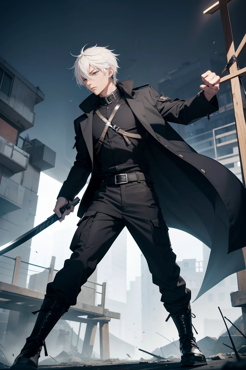 Full body like,White-colored skin,White-colored skin,combat scene,whaite hair,Black pupils,Pure black eyes,Silver-toned stud earrings,shoun,crosses,bandagens,There are bandages on the hands,short detailed hair,Handsome,Libido boy,Highest image quality,the night,the night,warn,male people,hooding,cargo pants,Martin boots,Black pick dye,Long sword,crosses,crosses,nighttime scene,Black cargo pants,Black pantsuit,Streamers,wind coat