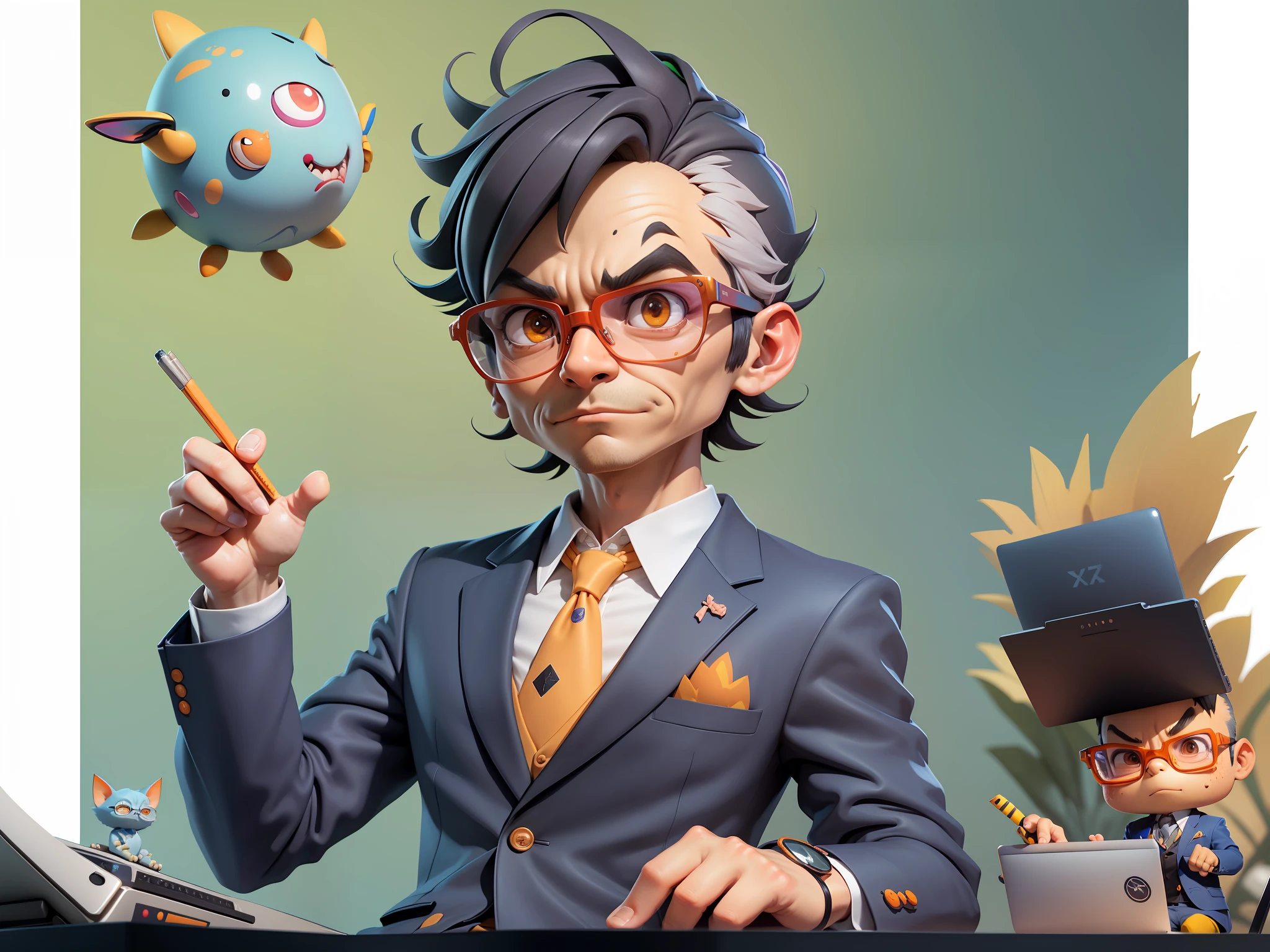 A young man in a suit, Short hair and glasses sat at his desk，holding laptop，digitial painting，tigre，3D character design by Mark Clairen and Pixar and Hayao Miyazaki and Akira Toriyama，4K HD illustration，Very detailed facial features and cartoon-style visuals。