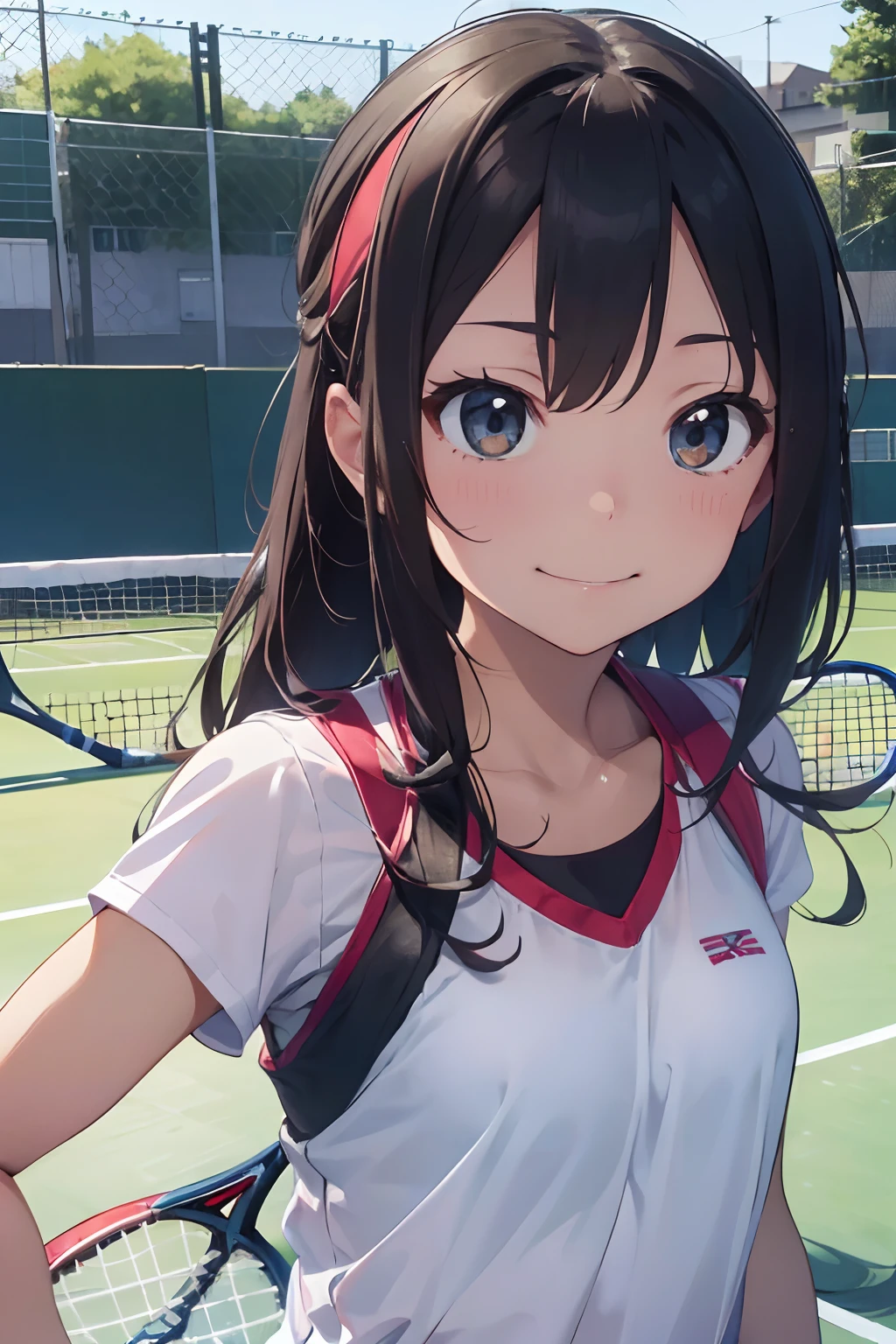 masutepiece, Best Quality, 8K_Wallpaper, (Beautiful eyes), ((Cute)), Cute, (lovely), (Tennis court on rainy days),1girl in,small tits,1 schoolgirl,Girl talking on the phone,Smile,facial close-up、portlate(((tennis coat)))(((Tennis Wear)))