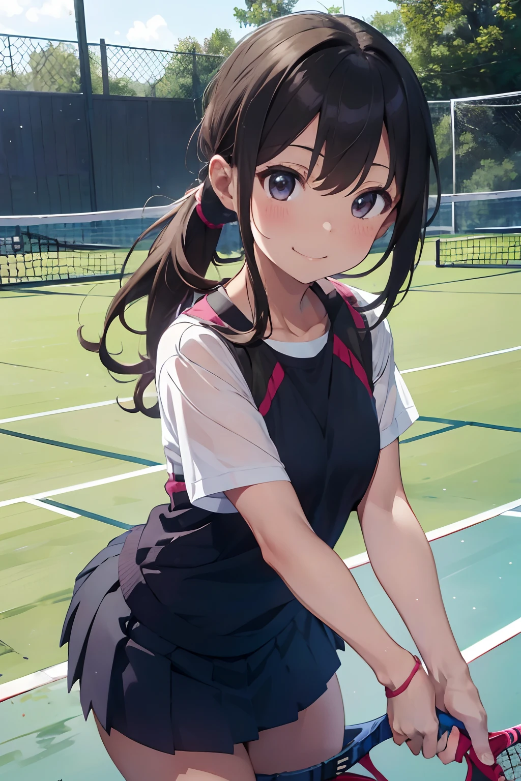 masutepiece, Best Quality, 8K_Wallpaper, (Beautiful eyes), ((Cute)), Cute, (lovely), (Tennis court on rainy days),1girl in,small tits,1 schoolgirl,Girl talking on the phone,Smile,facial close-up、portlate(((tennis coat)))(((Tennis Wear)))