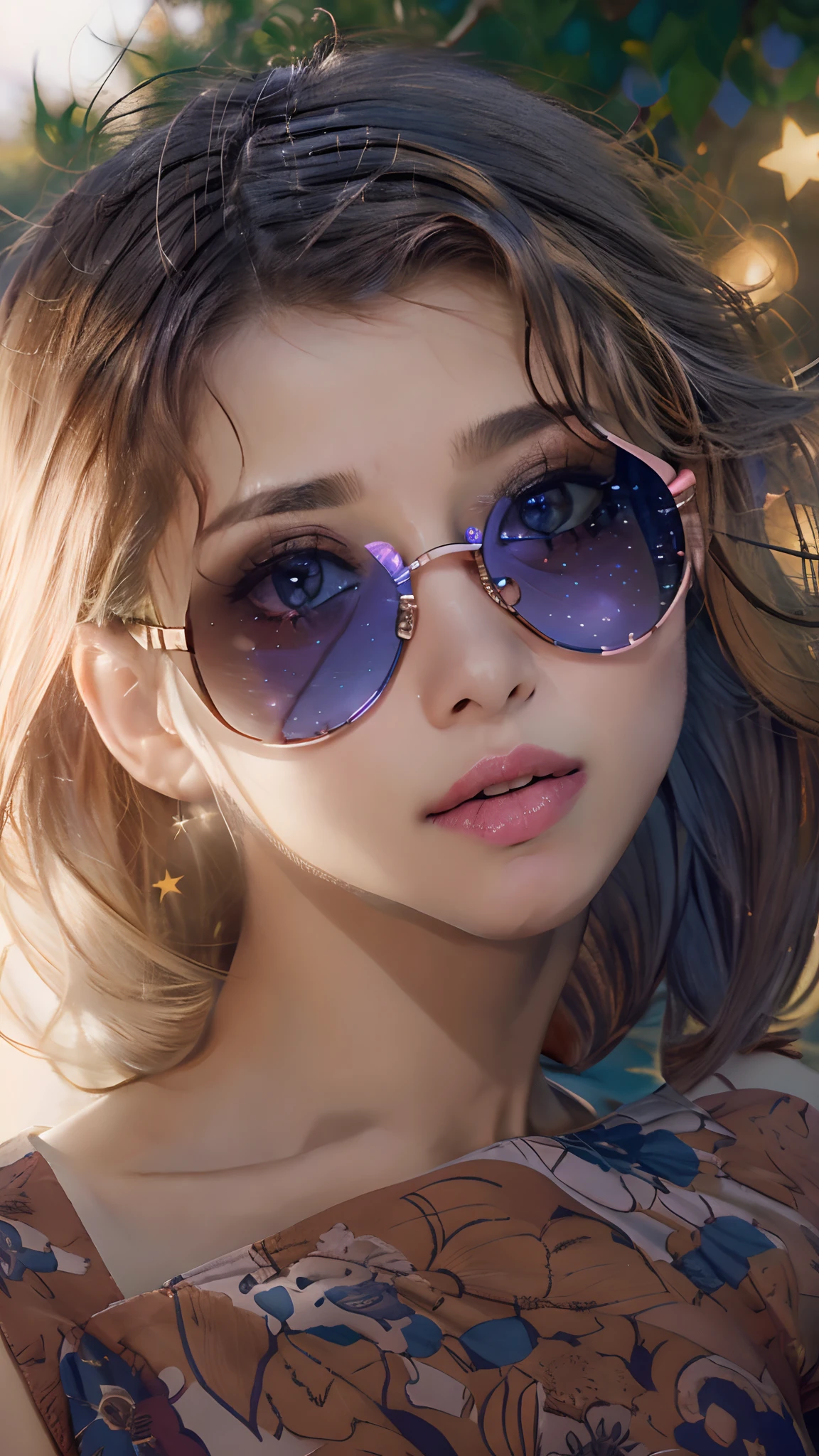 cleavage, Pretty woman, da_top, Close -up, crop top, detailed face, Top tank corpus luteum, hair, park, sky, trees, pale skin, moonlight, stars, 1girl, Distinctive sunglasses, Big breasts ,young, bright colours, Bokeh background, Subject to confirmation,Dramatic colors , It's realistic., 巨作, Best Quality, nsfw