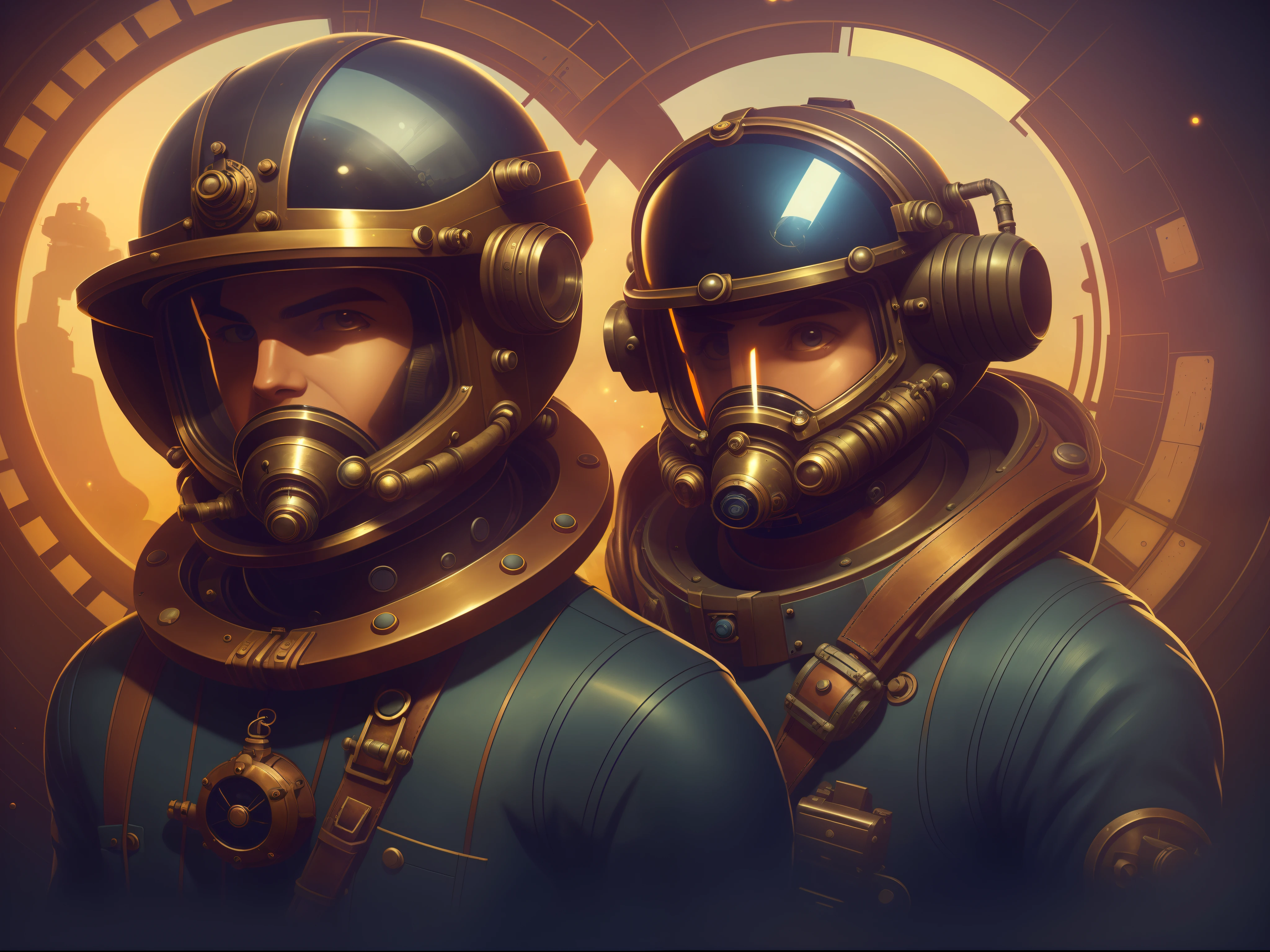 There is a man in a spacesuit with a helmet, Deep-sea diver, diving suit, old scuba, inspired by Brian Despain, Brian Despain, Steampunk diving helmet, alexey egorov, Sergey Kolesov, lofi steampunk bioshock portrait, lofi bioshock steampunk portrait, wojtek fus