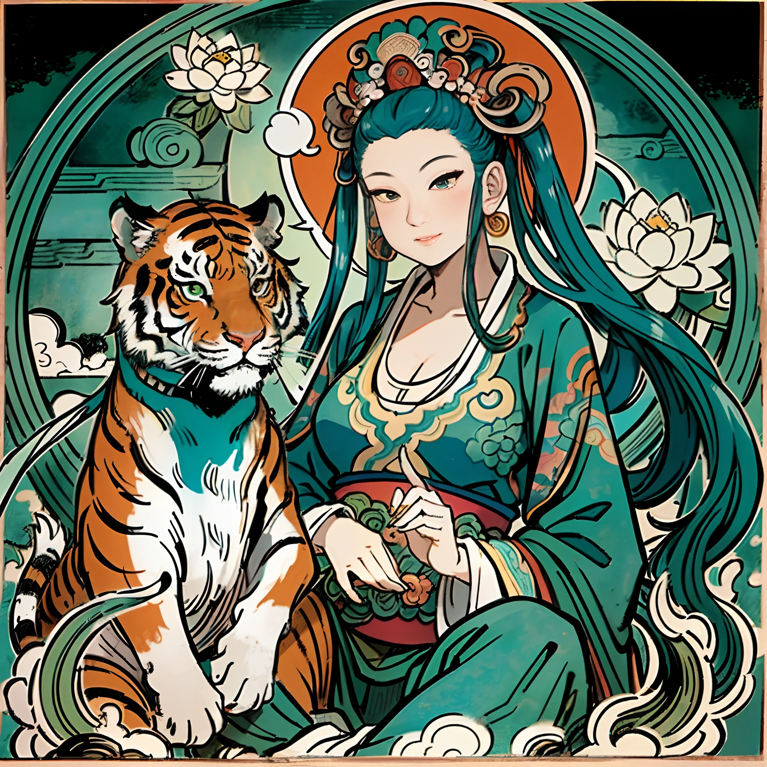 an ancient Chinese goddess, guanyin of the southern seas, Guanyin, Inspired by India, Avalokiteshvara rides a tiger,,Serene expression,shui mo hua,Buddha,Buddhist,Lotus,Chinese painting style,Thangka style