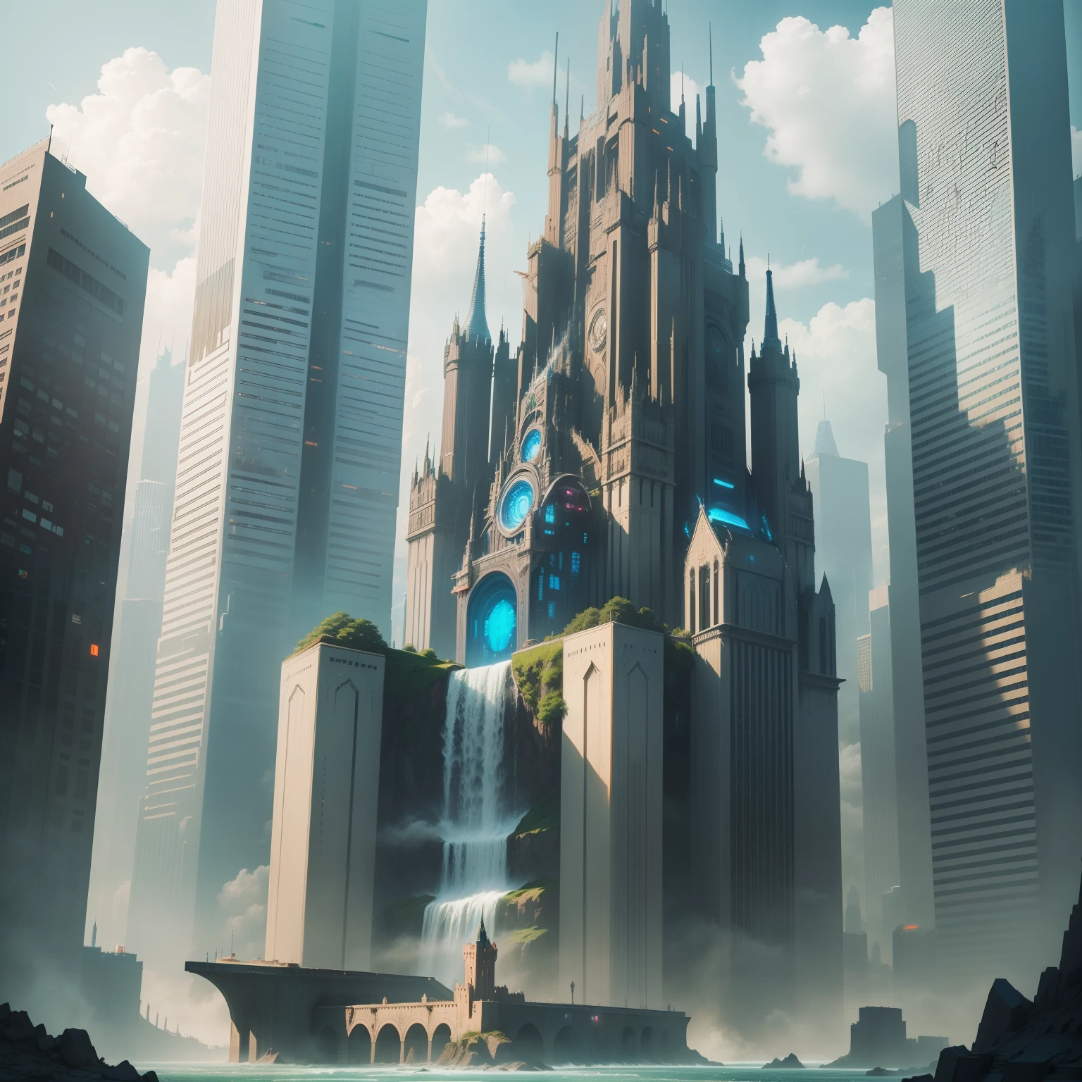 cyberpunked　futuristic cities　Skyscrapers　Super huge castle　huge waterfall　SF　top-quality　​masterpiece　超A high resolution　dream