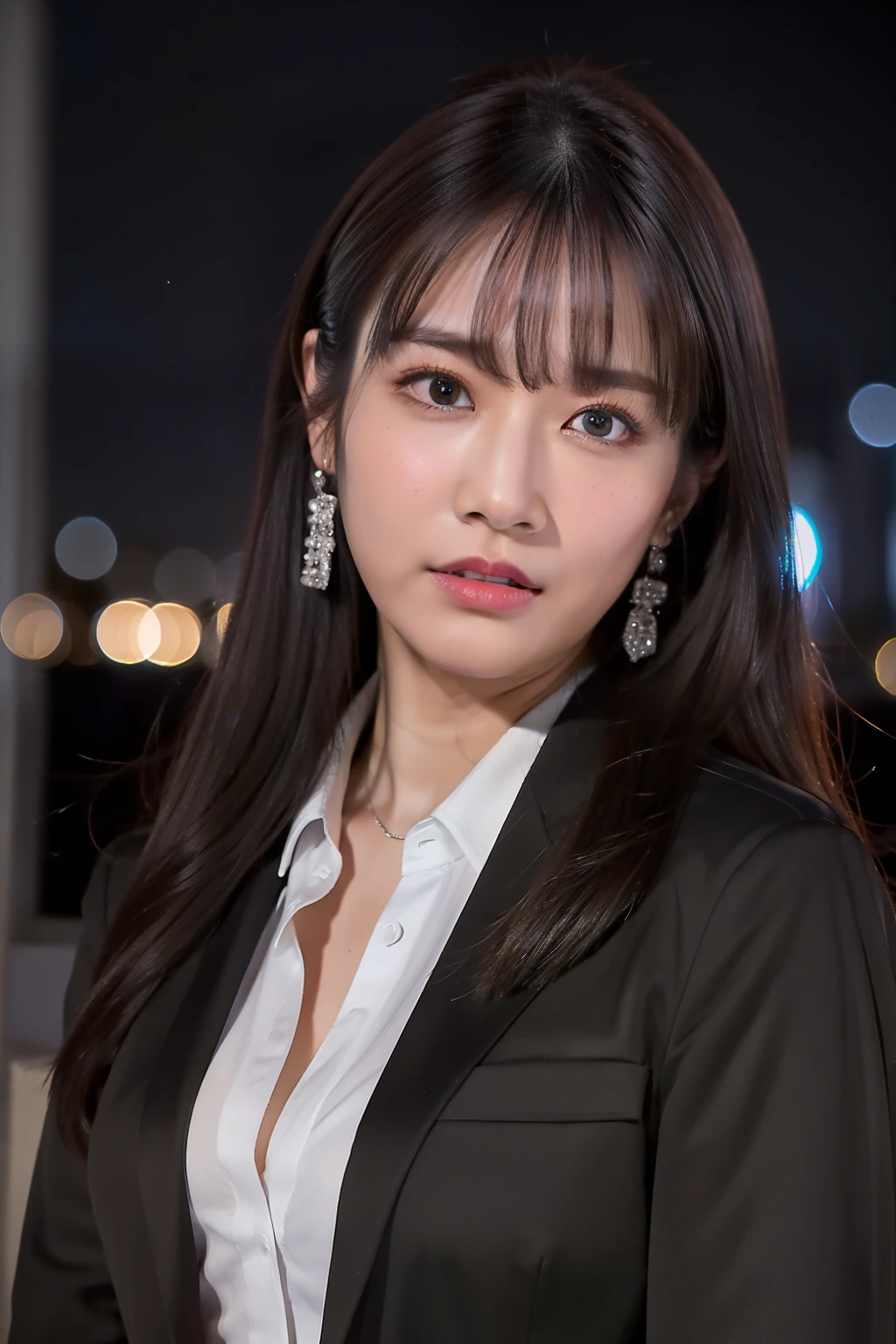 Nikon RAW photo,8 k,Fujifilm XT3,masterpiece, best quality, realistic, photorealistic,ultra detailed,1girl,solo,
close up portrait,
diamond stud earrings, long straight black hair, hazel eyes, serious expression, black blazer ,white shirt, white blouse, standing against a city skyline at night ,
saika1,