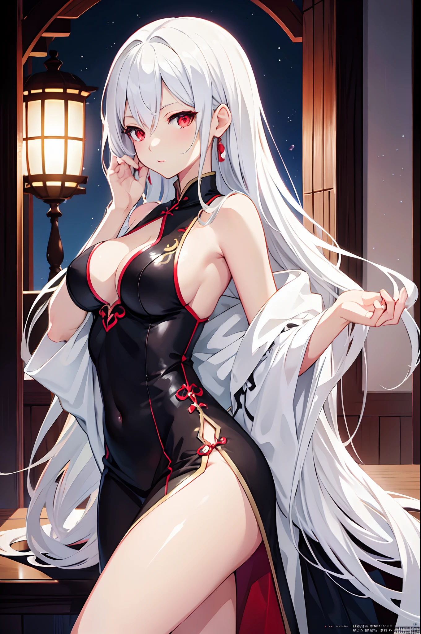 Seductive Anime Girl, High quality official artwork, sideboob barbosa, pixiv, Professional Anime Illustration, White hair, Red Eyes, red qipao,