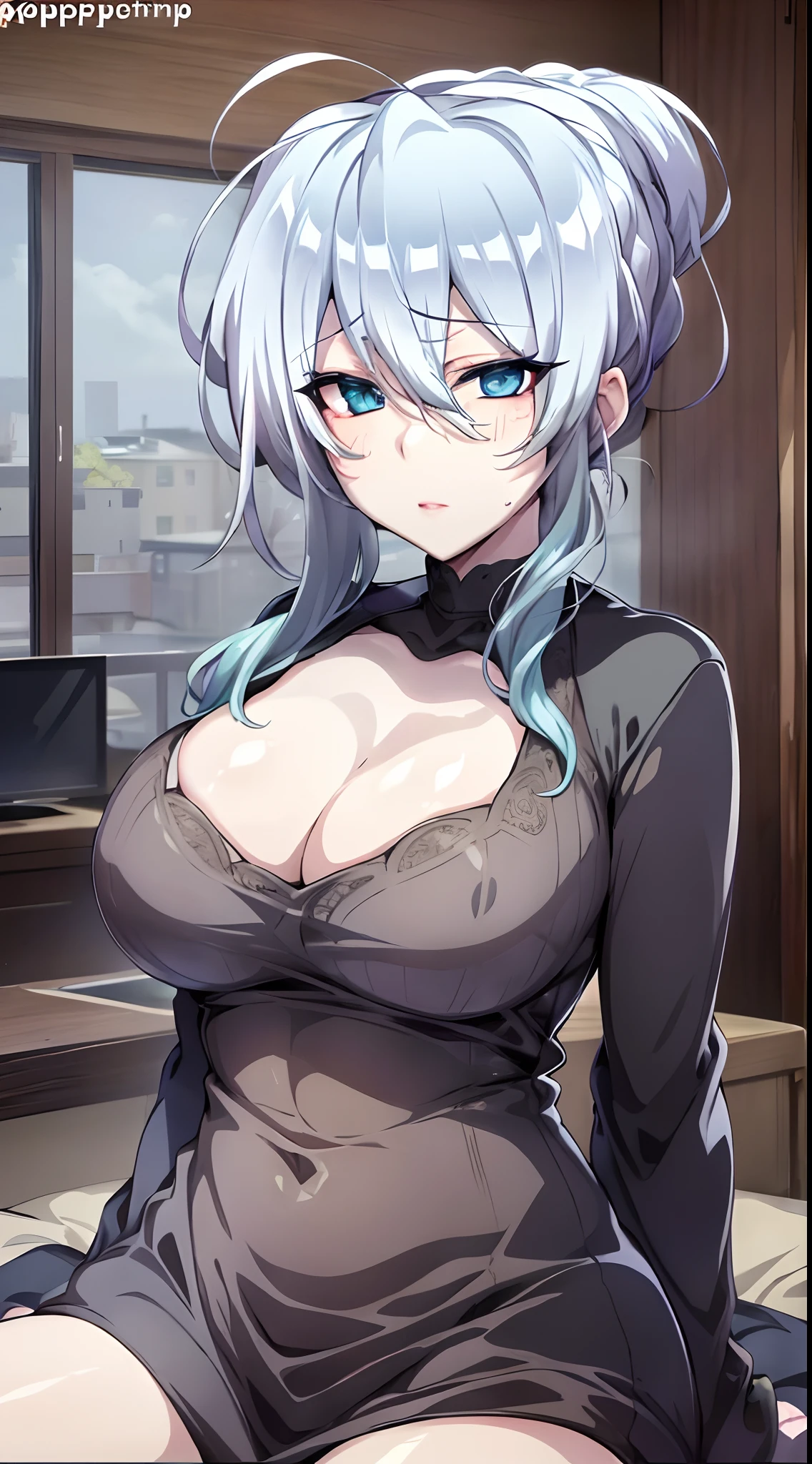 Yukino, in bed, silver hair and  blue eyes, black shirt and no bra, anime visual of a cute girl, screenshot from the anime film, & her expression is solemn, in the anime film, in an anime, anime visual of a young woman, she has a cute expressive face, still from anime, big breast, red cheek, lustful face