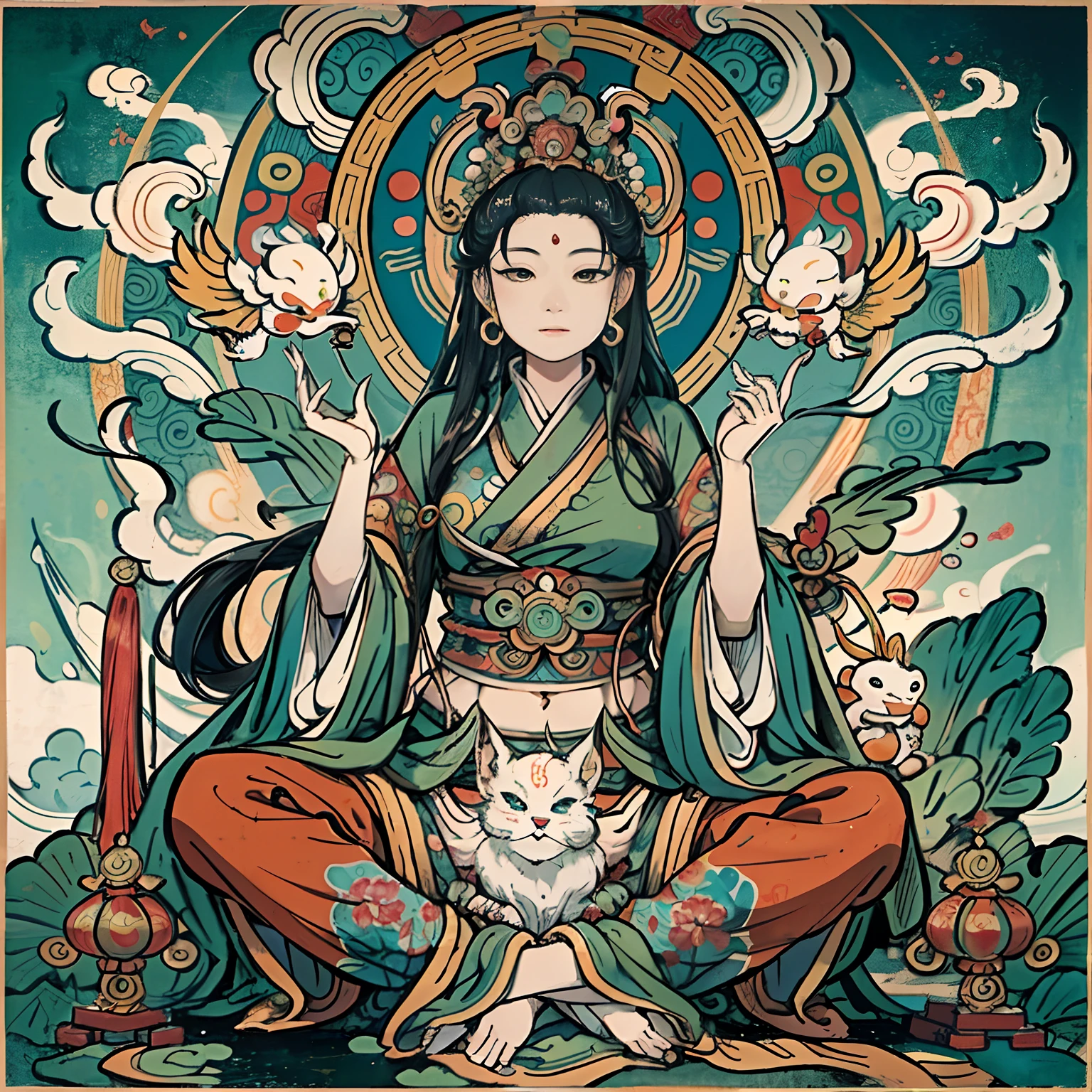 an ancient Chinese goddess, guanyin of the southern seas, Guanyin, Inspired by India, Avalokiteshvara rides a phoenix，,Serene expression,shui mo hua,Buddha,Buddhist,Lotus,Chinese painting style,Thangka style