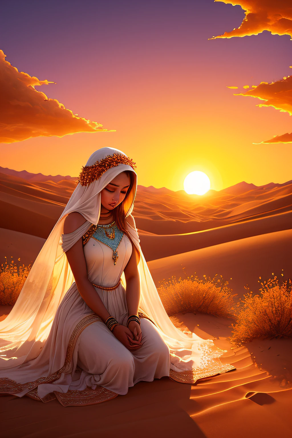 beautiful scenery of a desert with scorching sun starting a sunset. In it is a beautiful woman in a beautiful long dress and she is kneeling praying. There are dried flowers around it and in the background an oasis and a sandstorm.