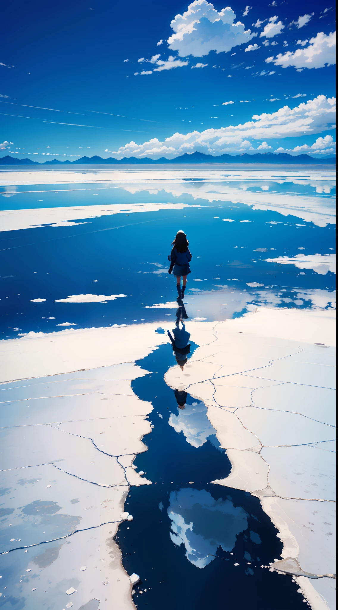 The Uyuni Salt Flat reflects the blue sky and summer clouds that stretch out in all directions. A girl walks through the middle of it, surrounded by the blue of the sky and the white of the clouds, creating a stunningly beautiful scene.